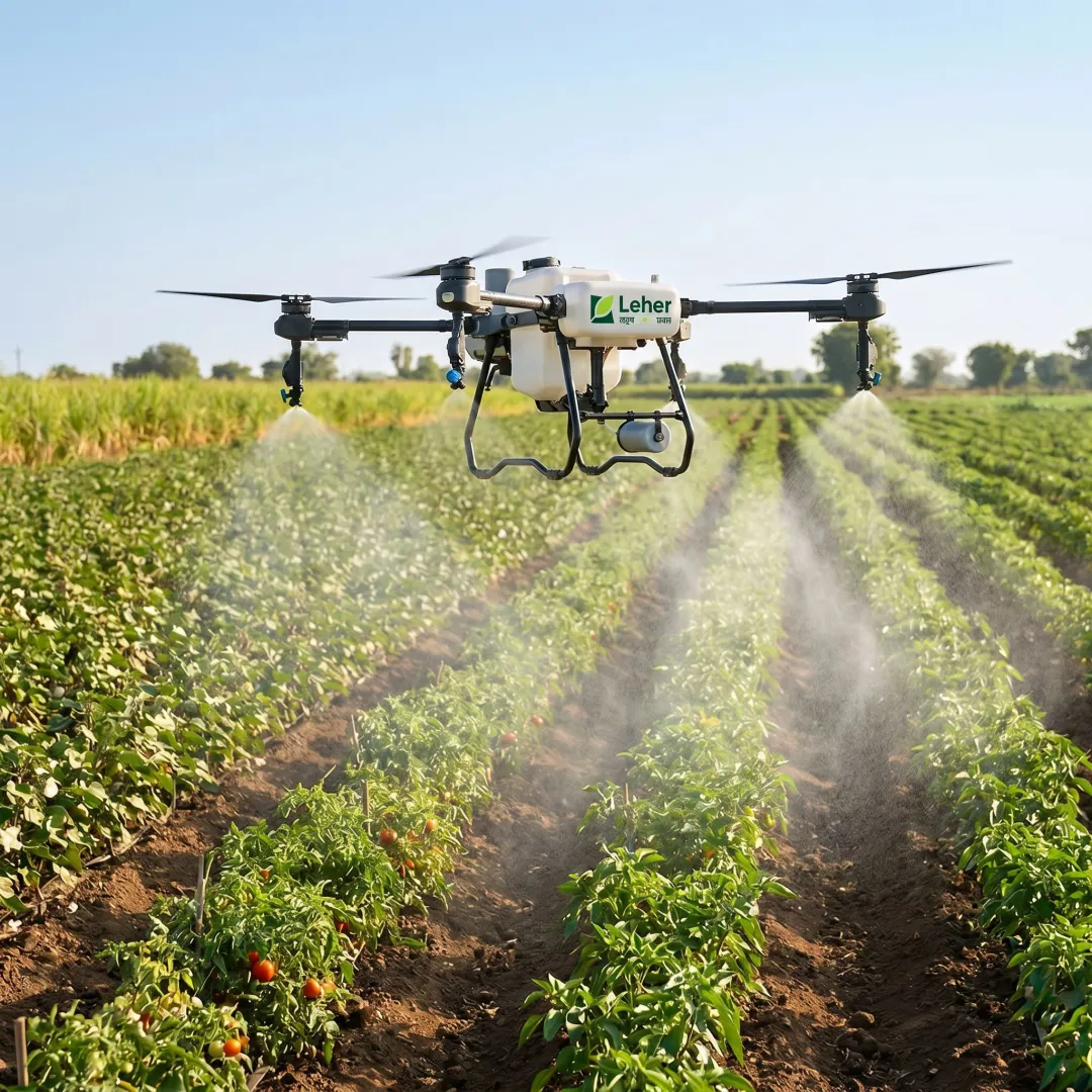 Drone spraying foliar calcium nutrients on crops
