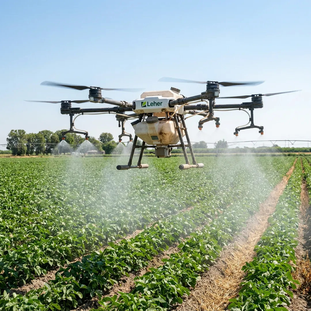 Agricultural drone spraying crops in a farm field
