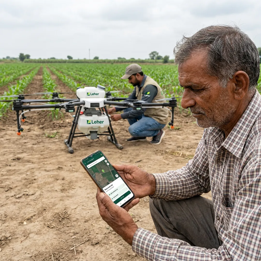 Farmer booking drone spraying with pilot preparing equipment