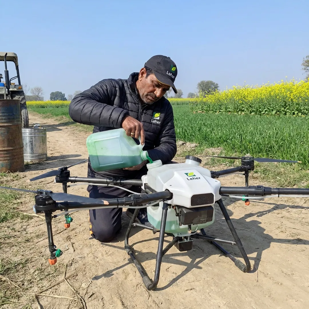 Drone pilot preparing foliar fertilizer spraying
