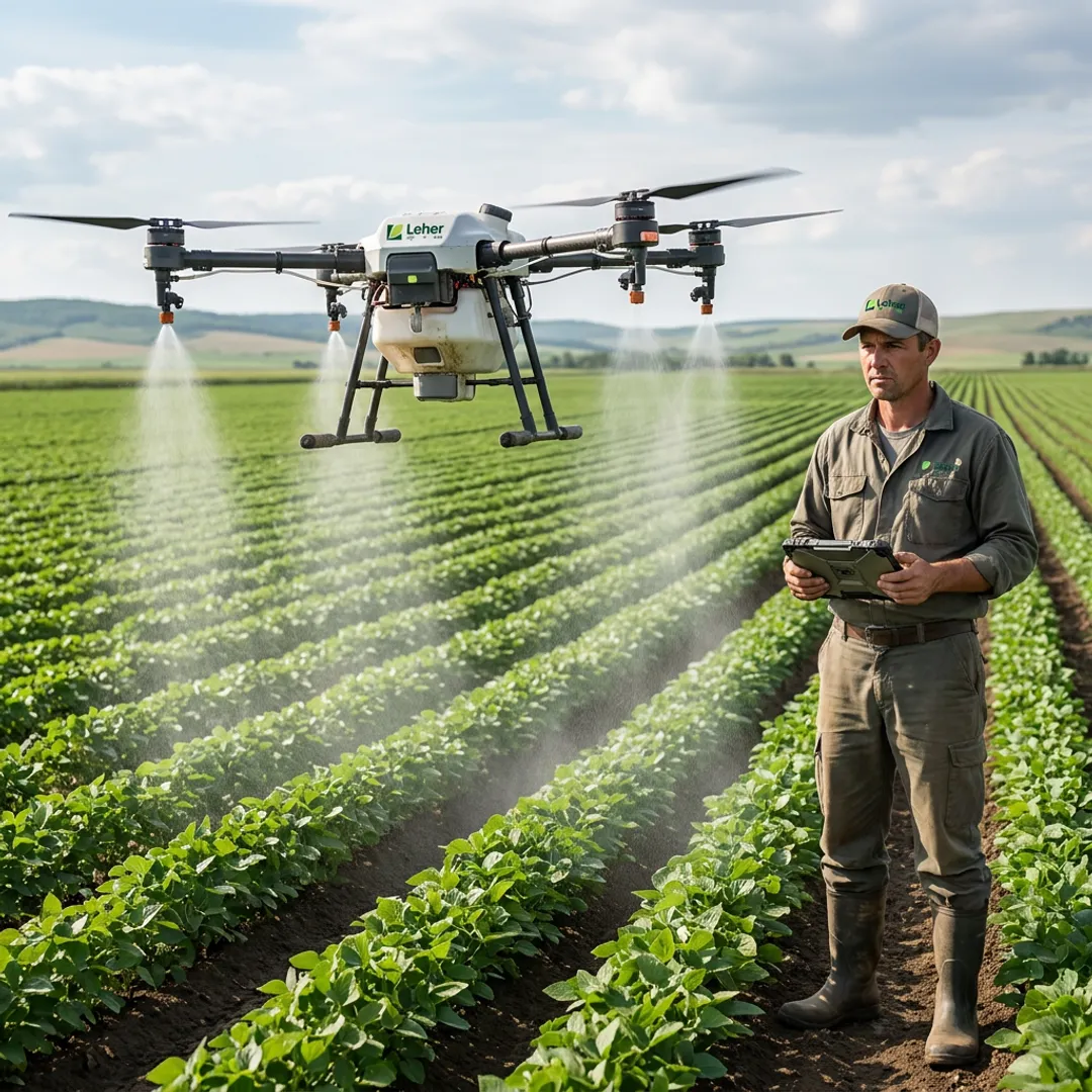 Drone applying liquid foliar fertilizer over crops