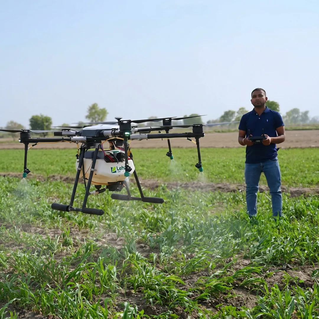 Agriculture drone sprayer flying over crop field