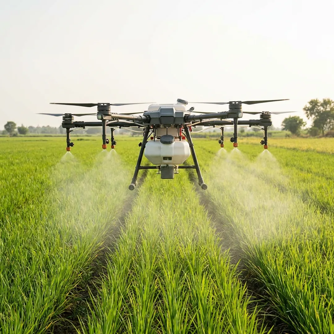Agriculture spraying drone over crop field