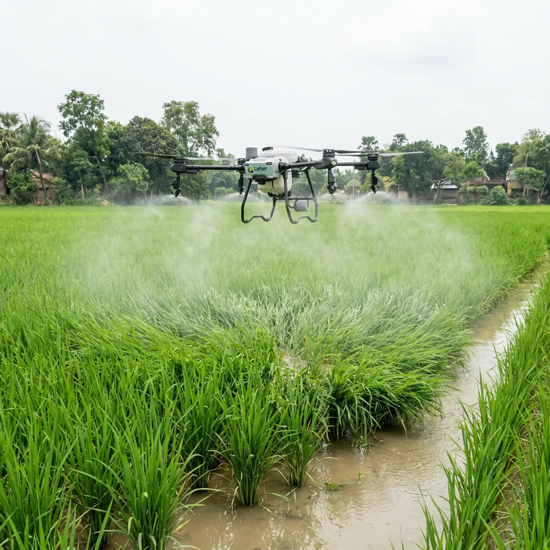 Agricultural spraying drone over a green crop field
