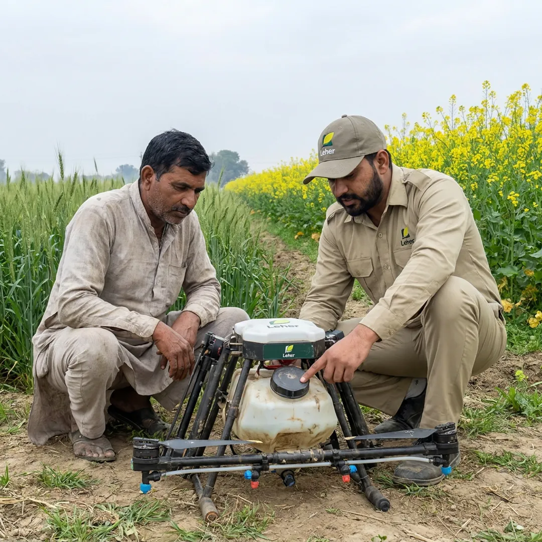Farmer and drone operator reviewing agricultural drone