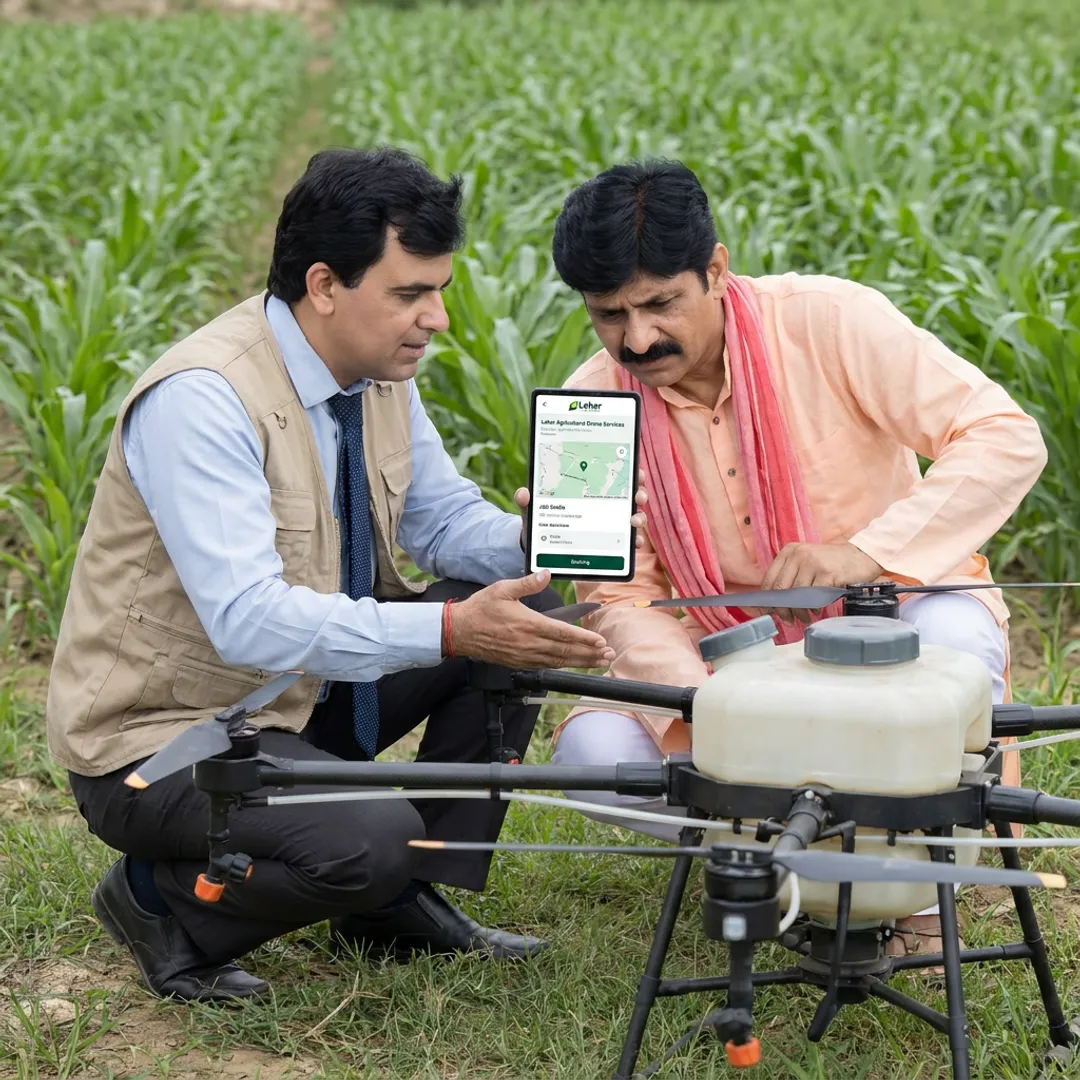 Farmer reviewing drone spraying equipment
