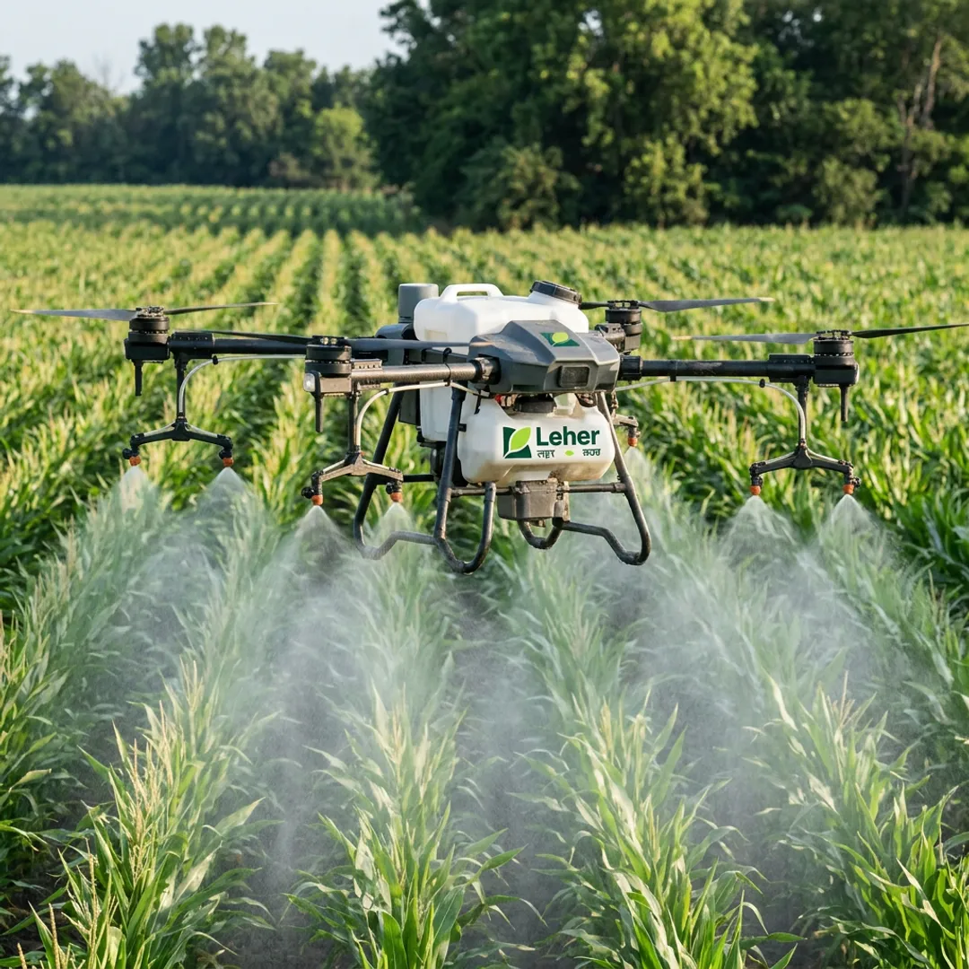 Agriculture spraying drone applying crop treatment over a farm field