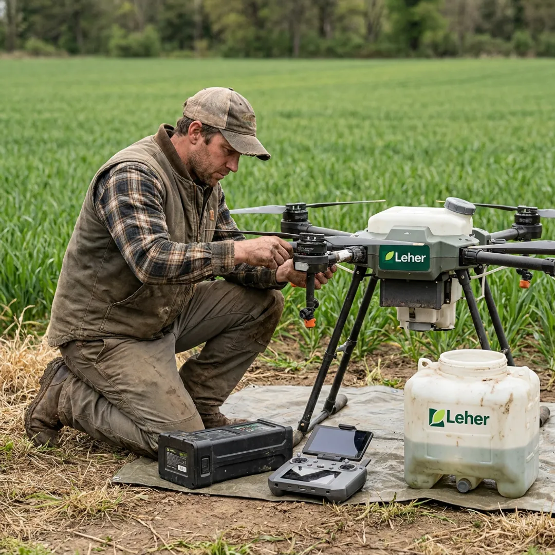 Technician reviewing agriculture drone before spraying