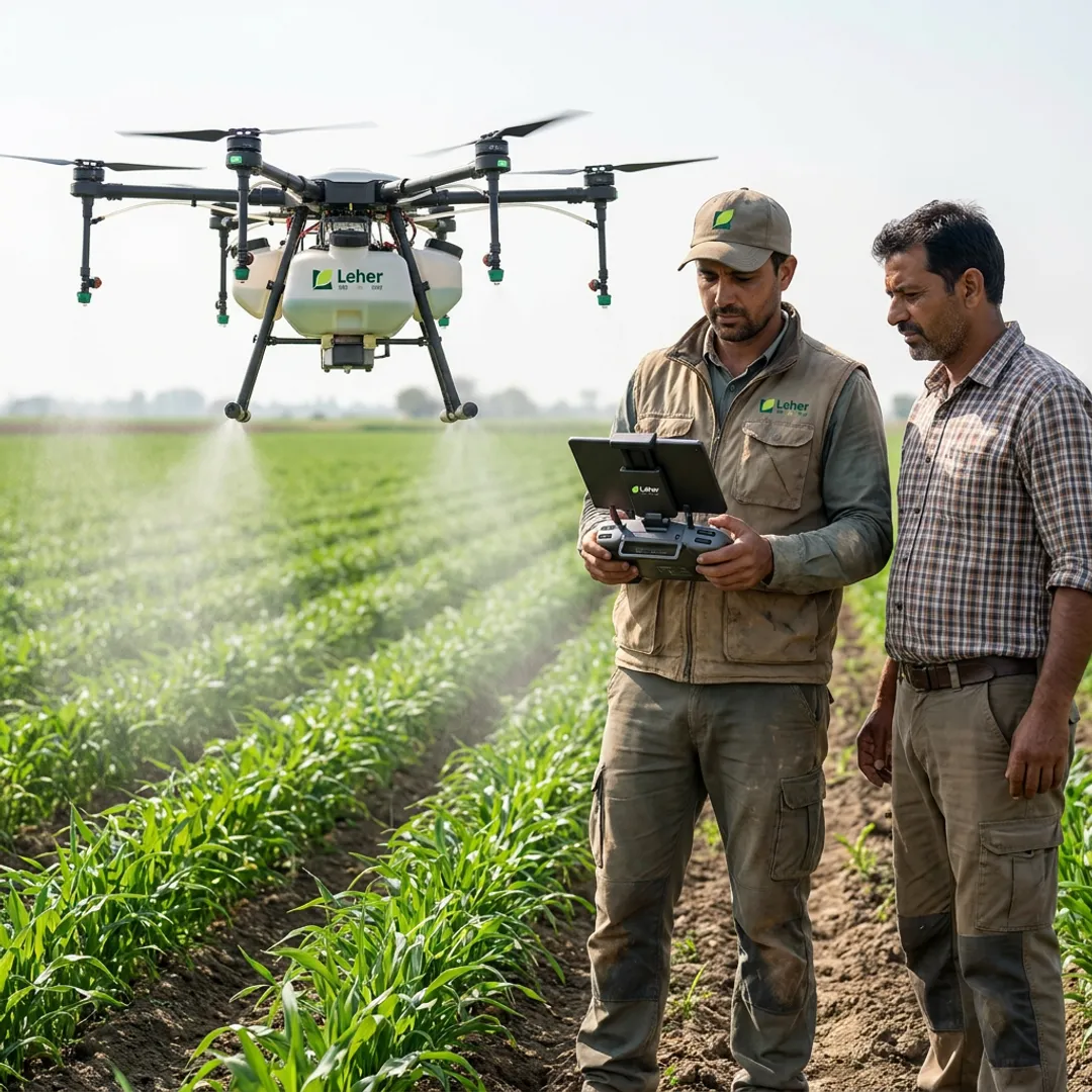 Agriculture spraying drone flying over crop field