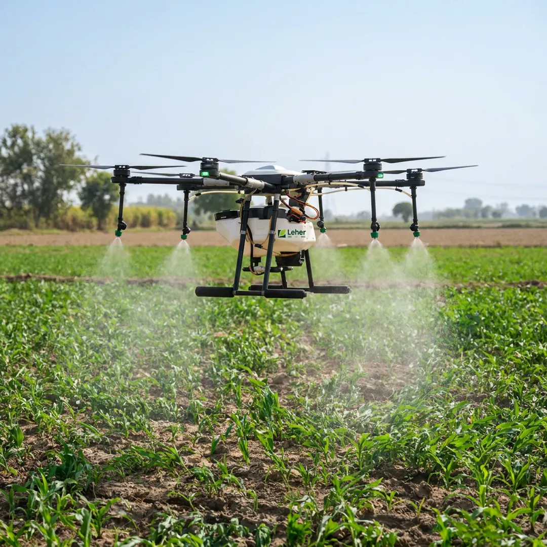 Agricultural drone spraying crops in a farm field
