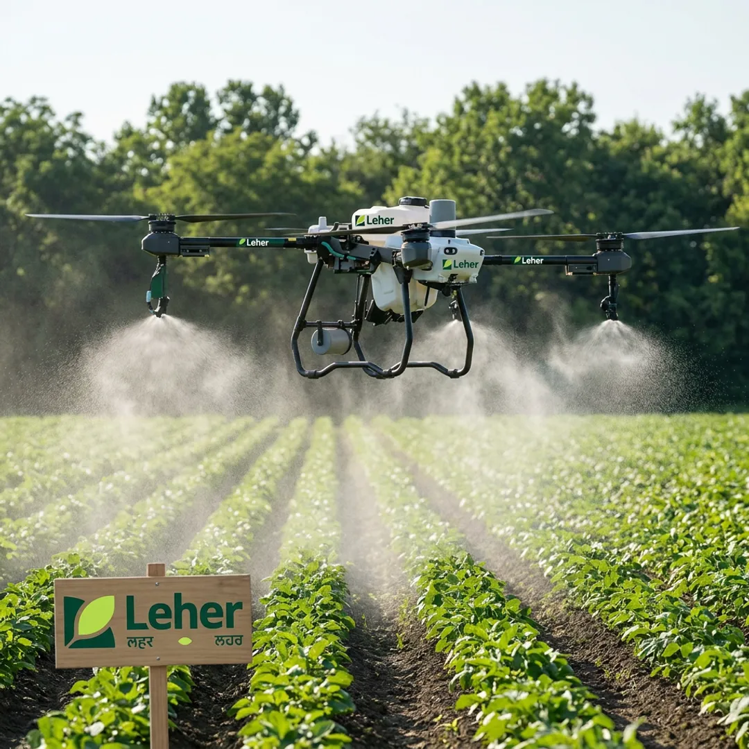 Agricultural drone spraying crops in a farm field