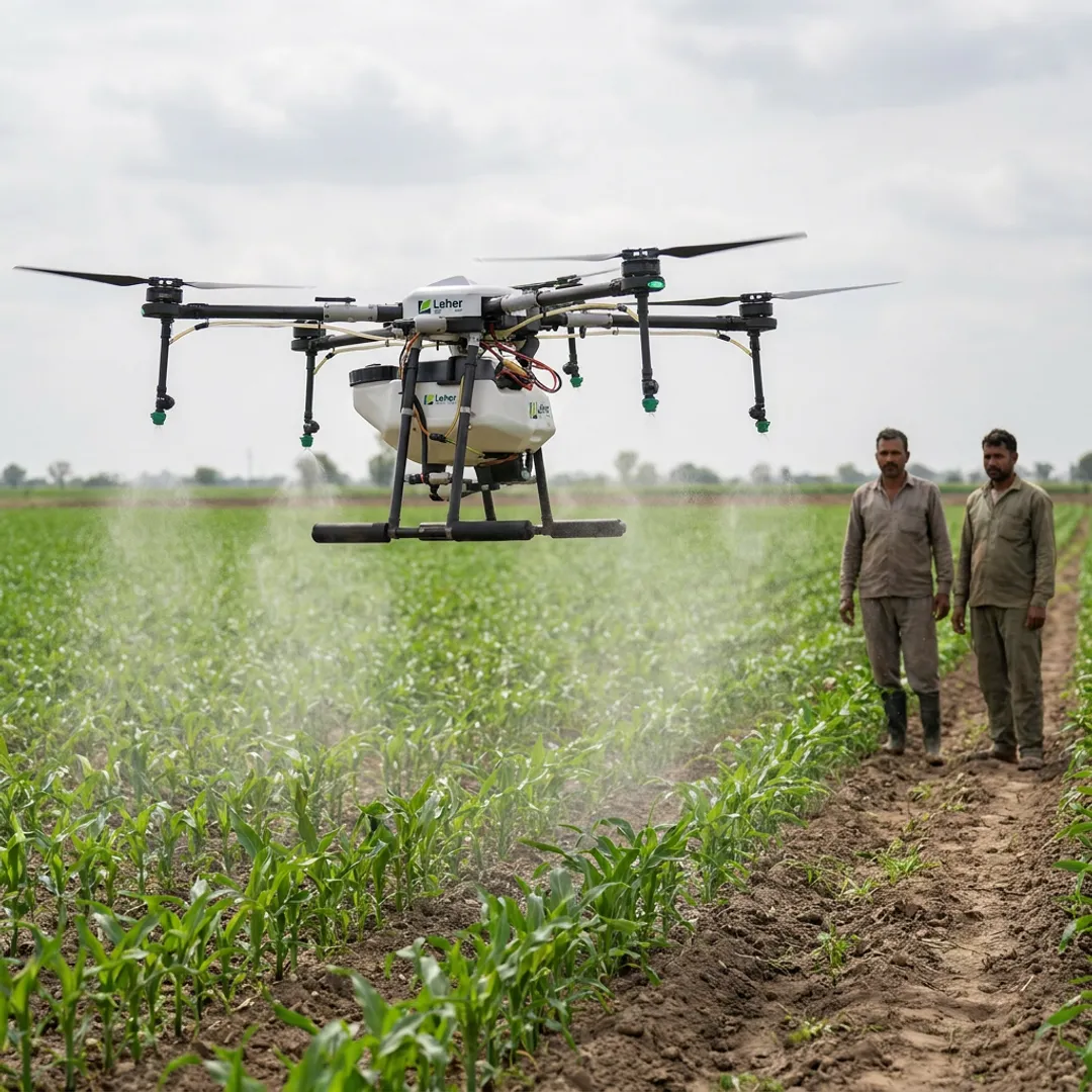 Drone spraying crops in a farm field