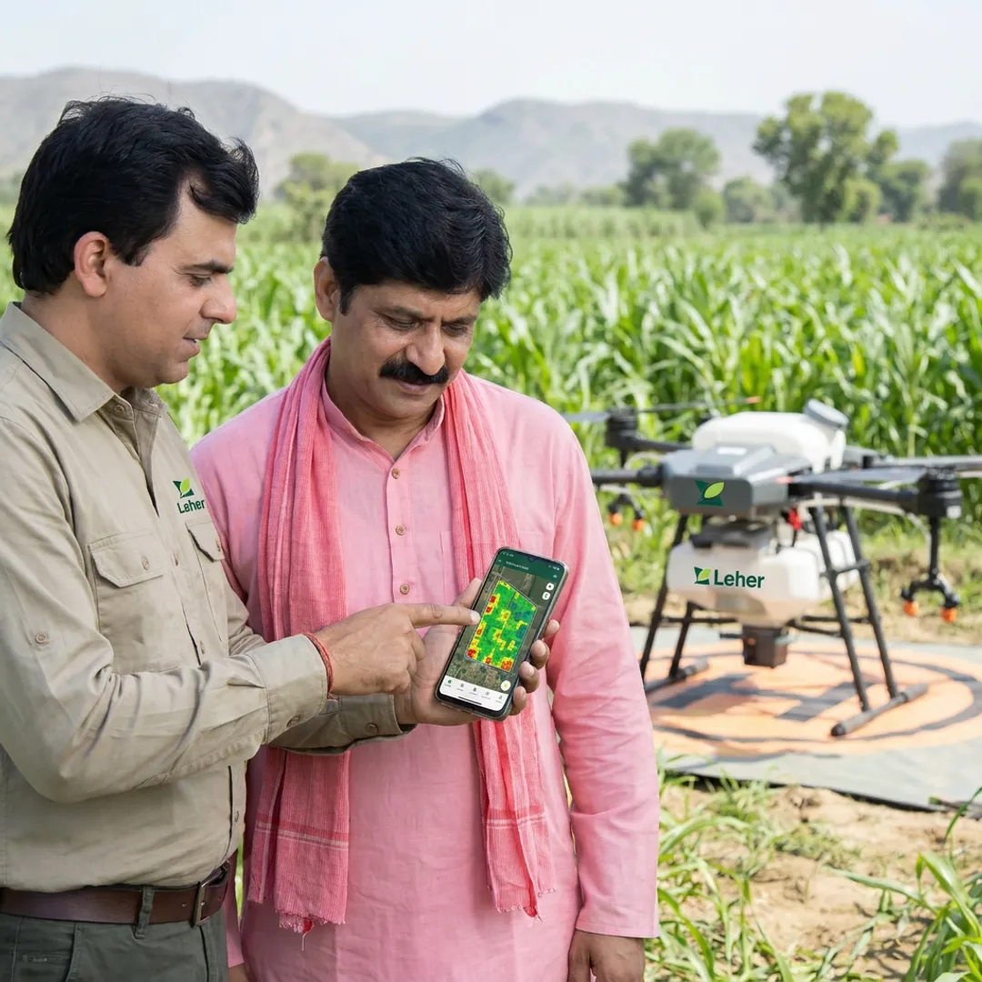 Drone pilot planning crop spraying with farmer