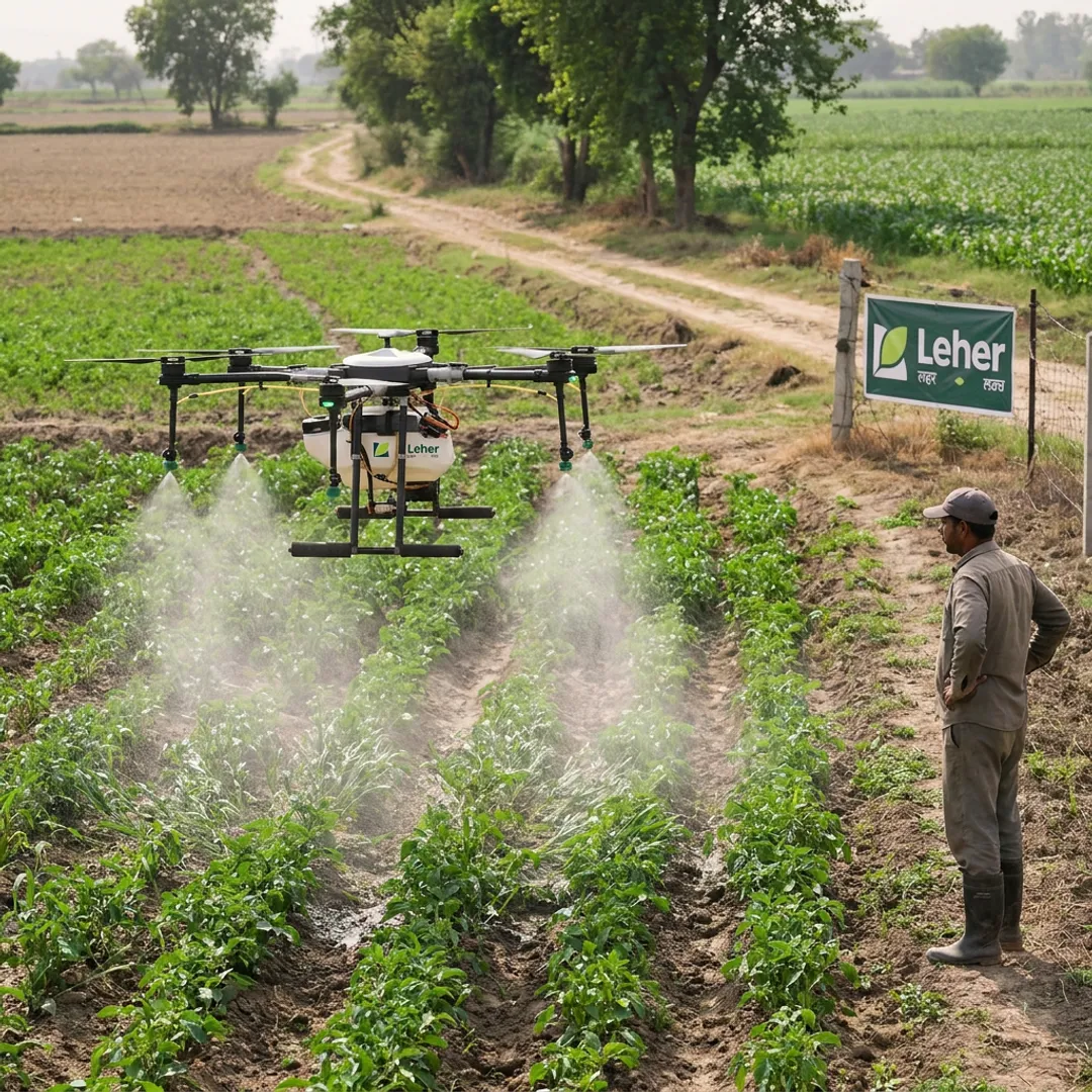 Agricultural drone spraying crops in a green farm field