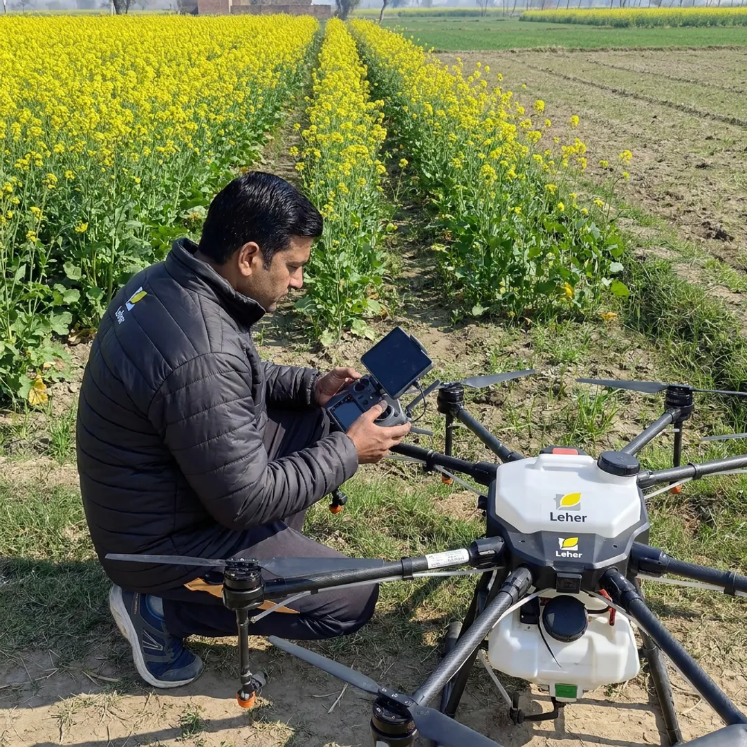 Drone pilot preparing an agricultural spraying drone in a field