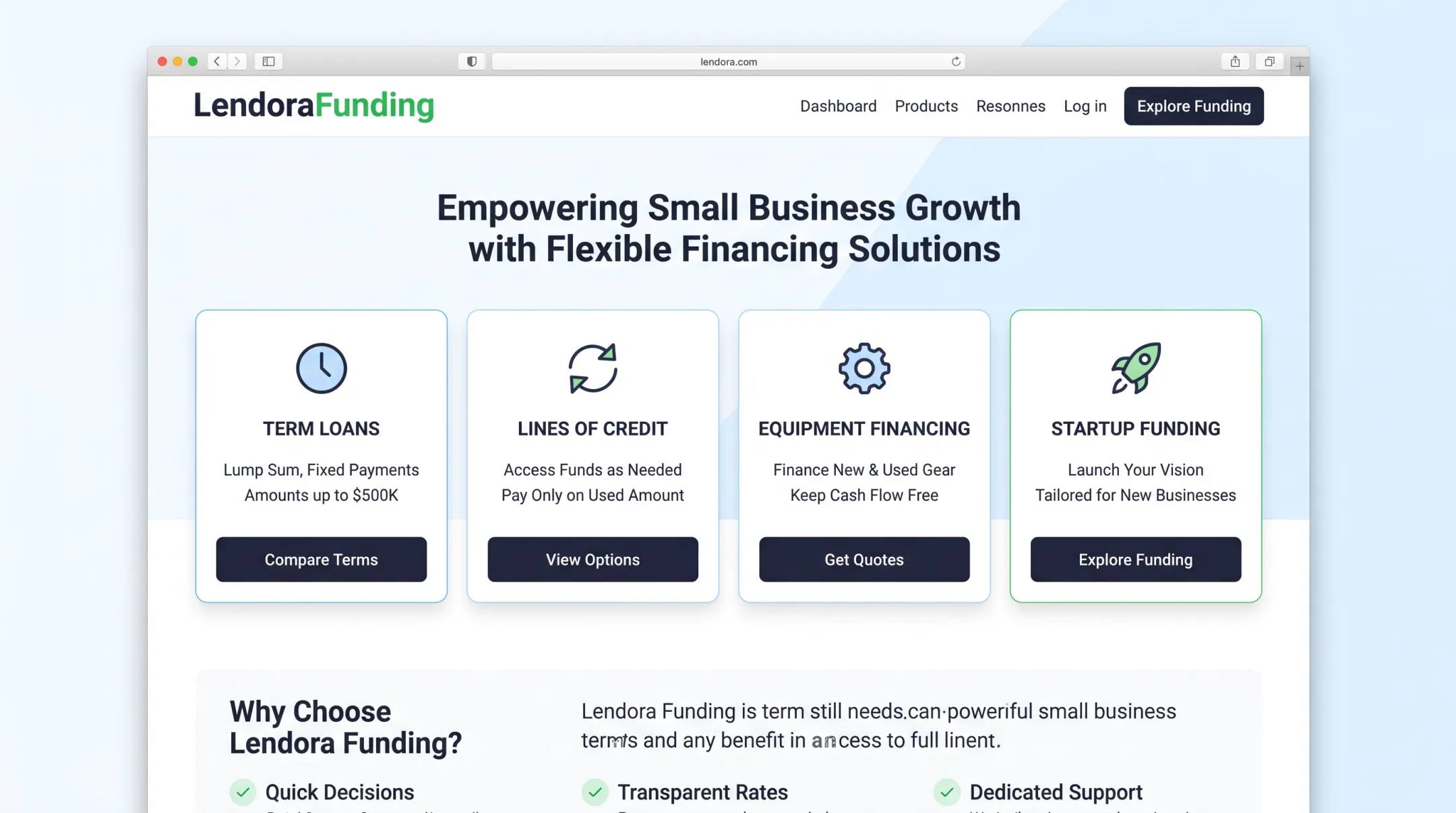 Lendora Funding loan product lineup dashboard for small businesses