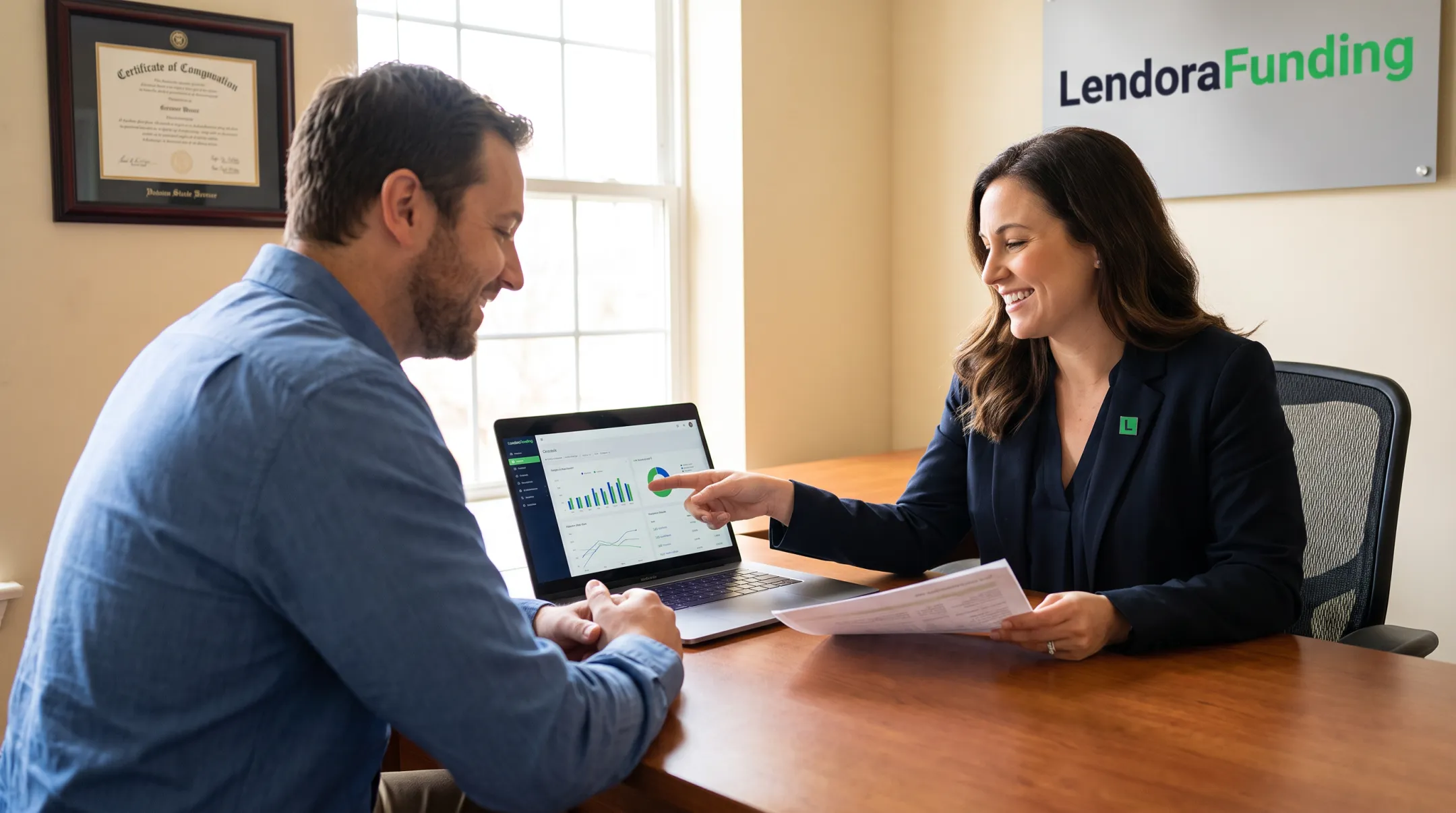 Lendora Funding team reviewing business financing options with client