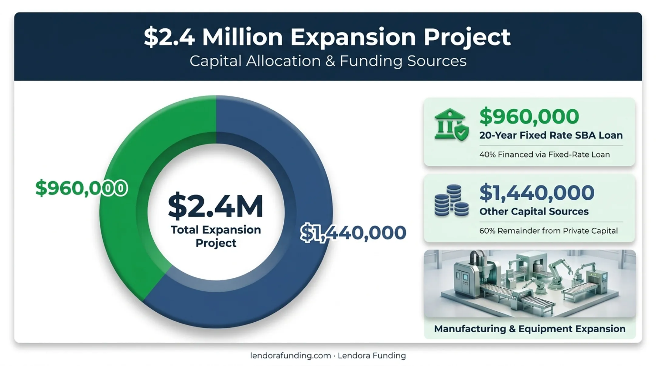 SBA 504 fixed-rate expansion project financing breakdown diagram