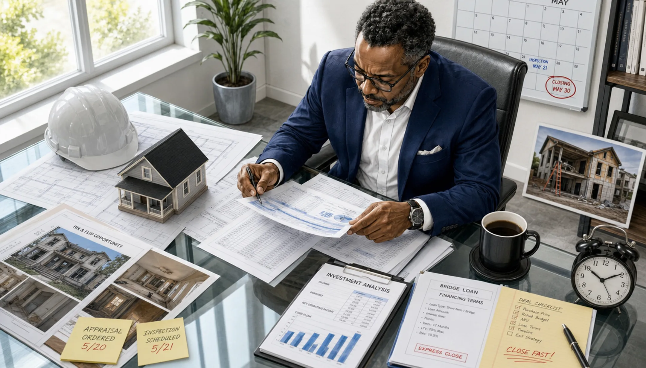 Real estate investor reviewing fix-and-flip property financing documents