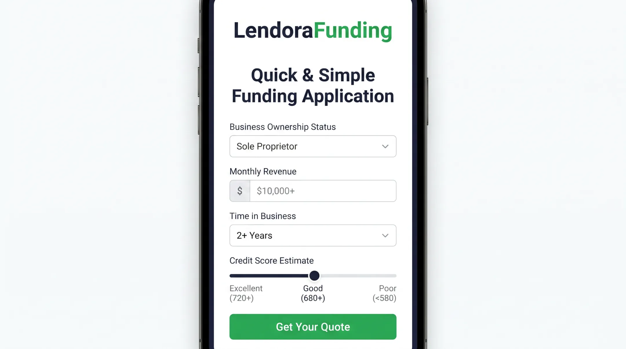 Lendora Funding streamlined business credit application form interface