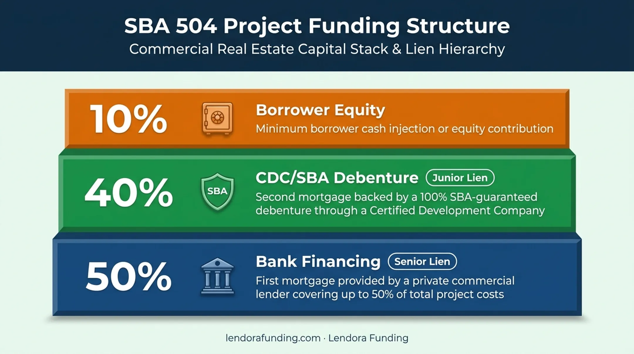 SBA 504 loan funding structure breakdown bank CDC borrower