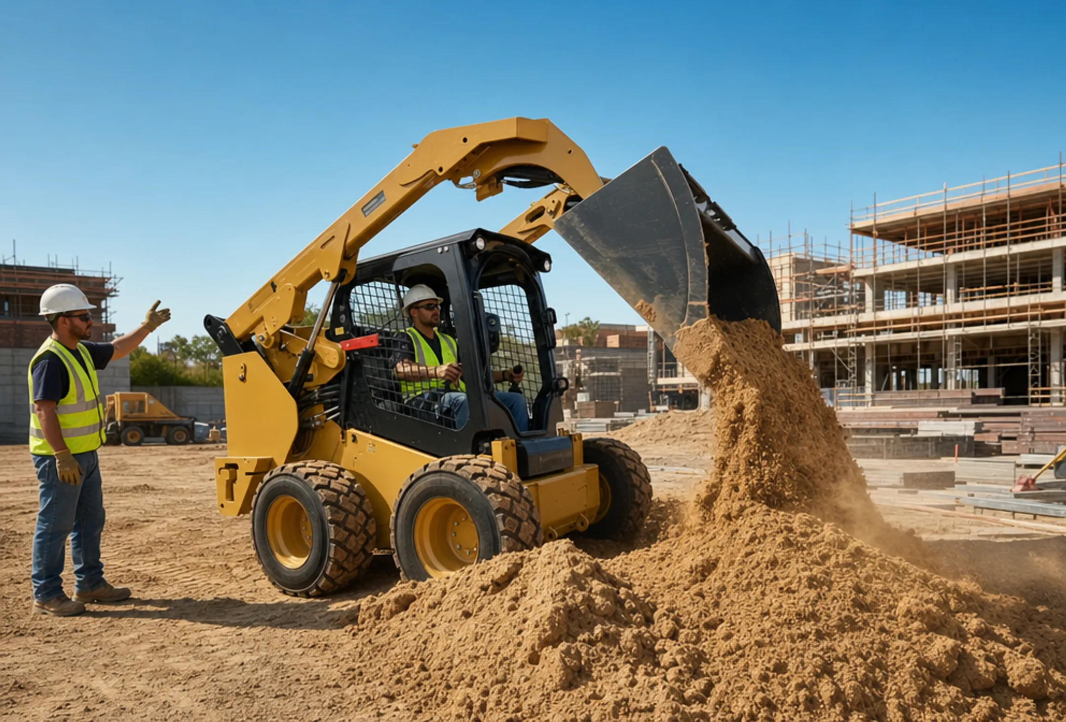 Construction contractor operating heavy equipment on commercial job site