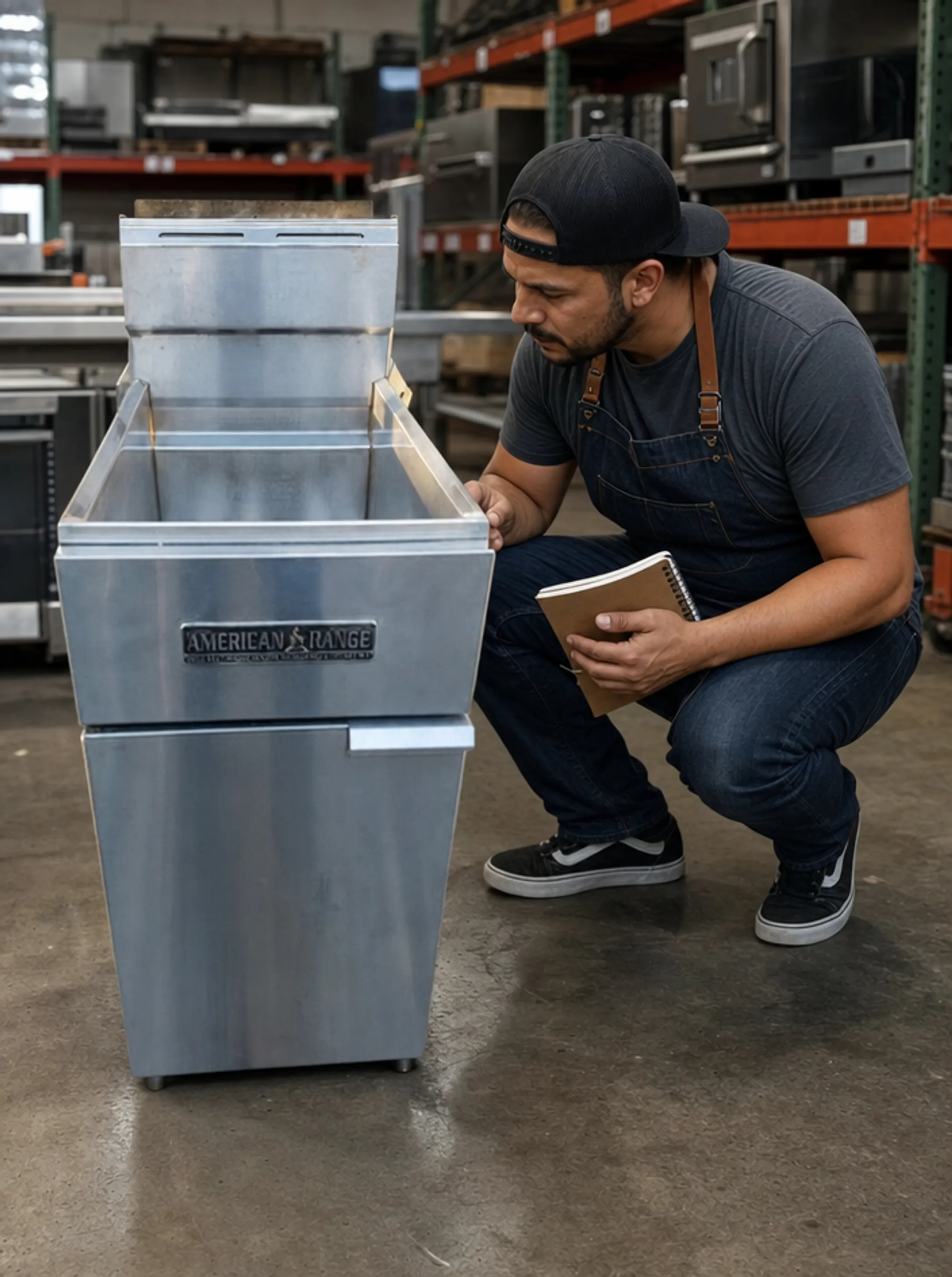 Food truck owner reviewing used kitchen equipment for purchase