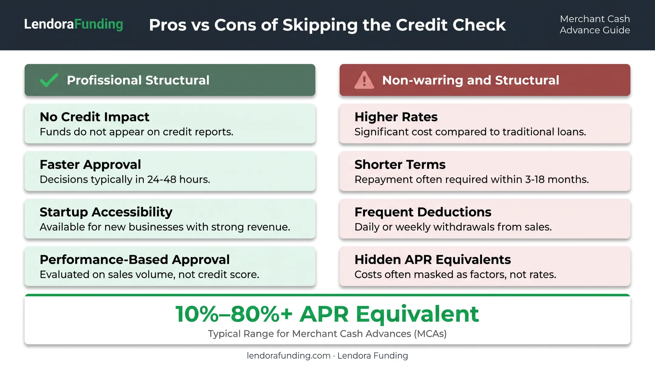 Pros and cons comparison chart for no-credit-check business financing