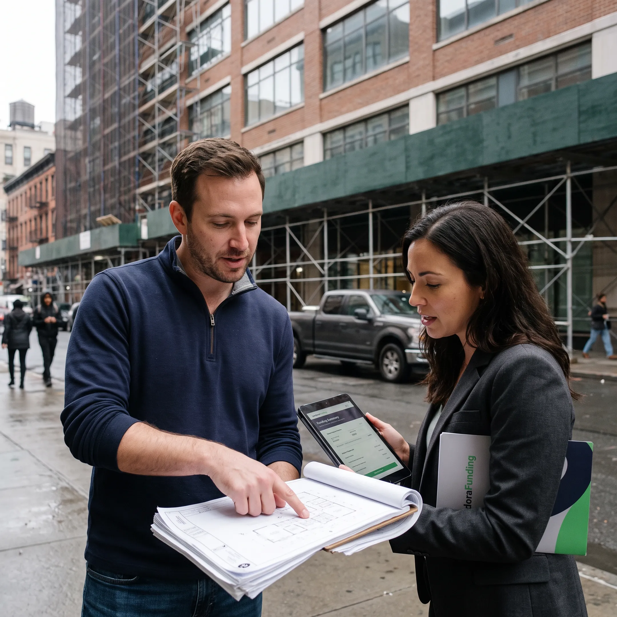 Investor reviewing plans at a commercial property