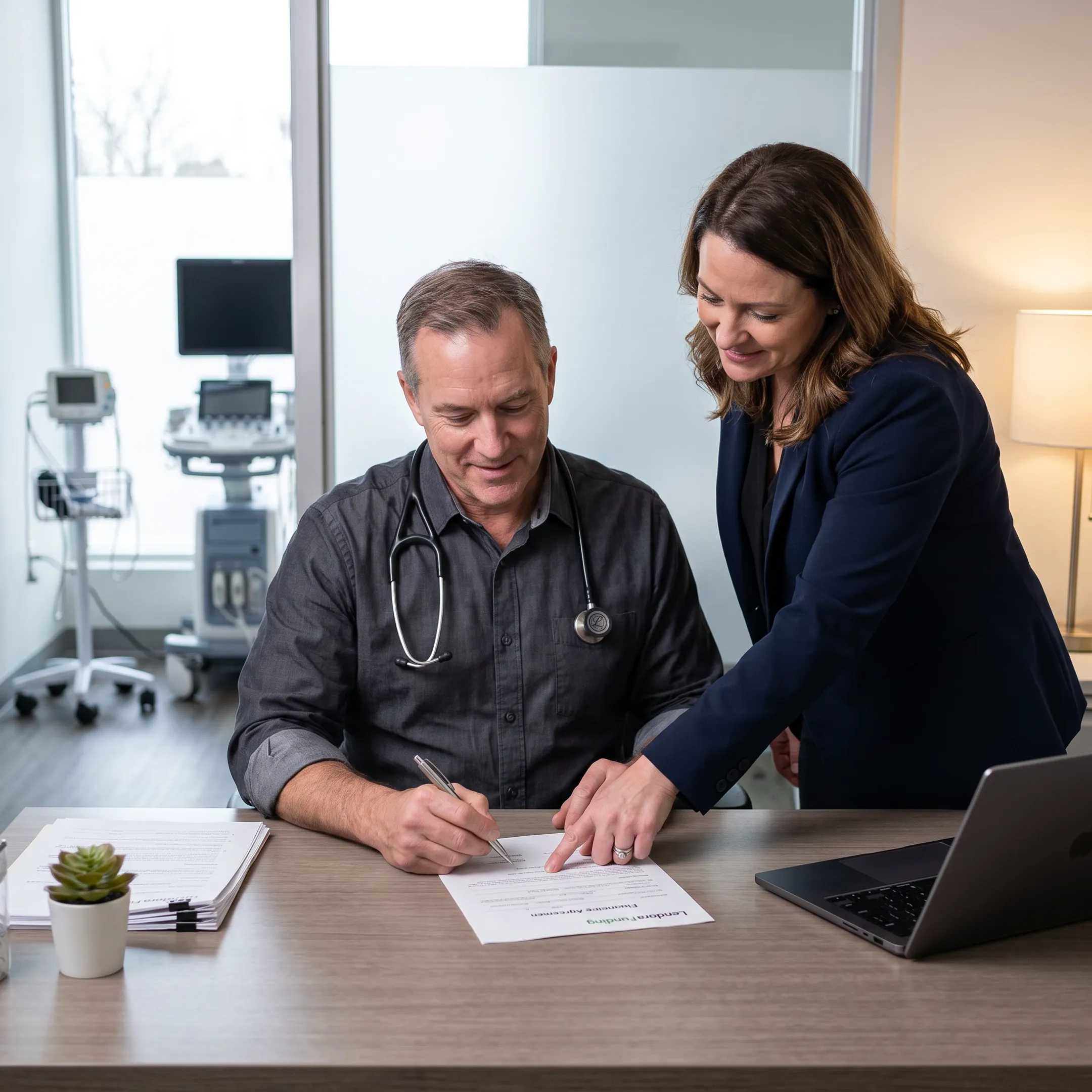 Medical professional reviewing equipment financing options