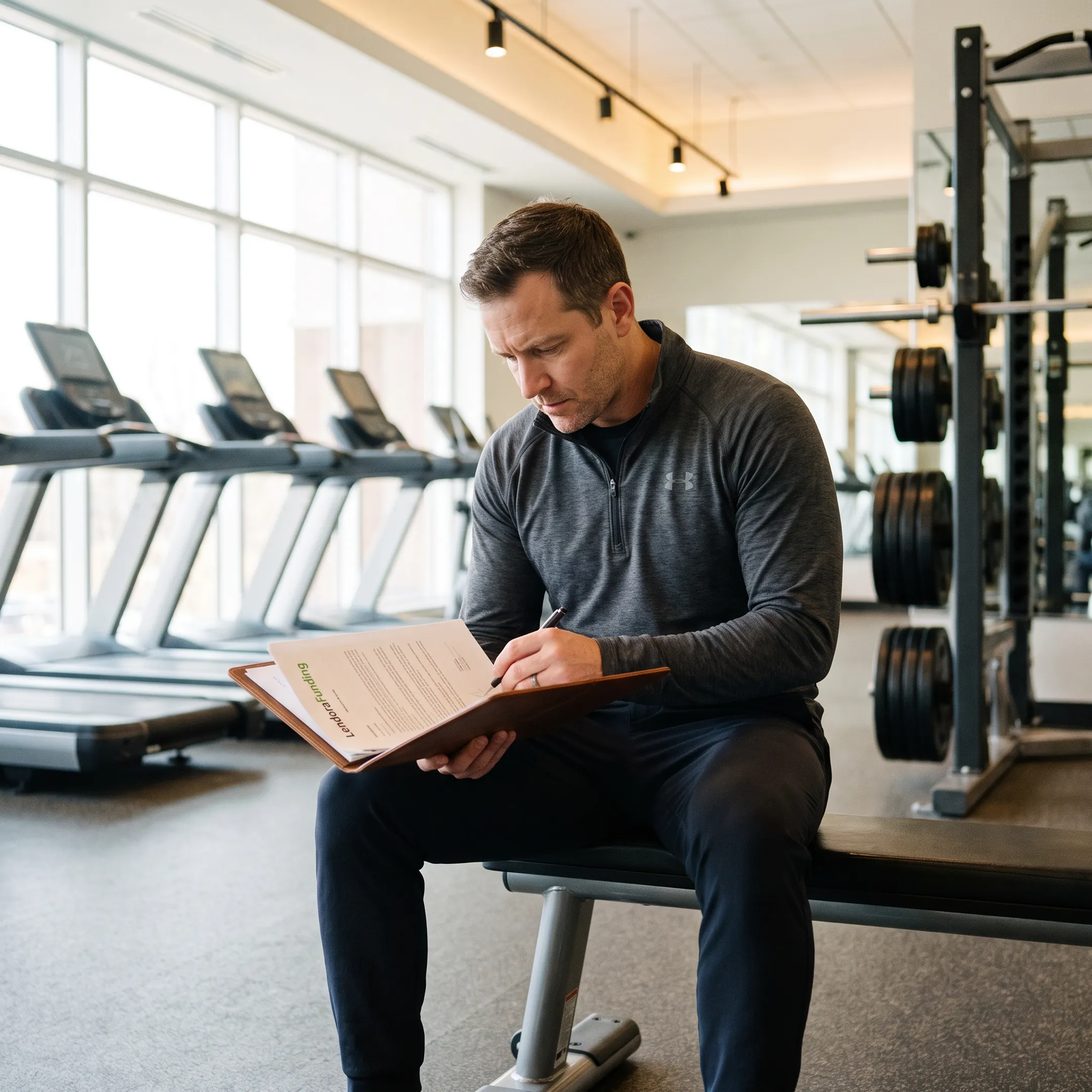 Fitness facility owner reviewing equipment financing options