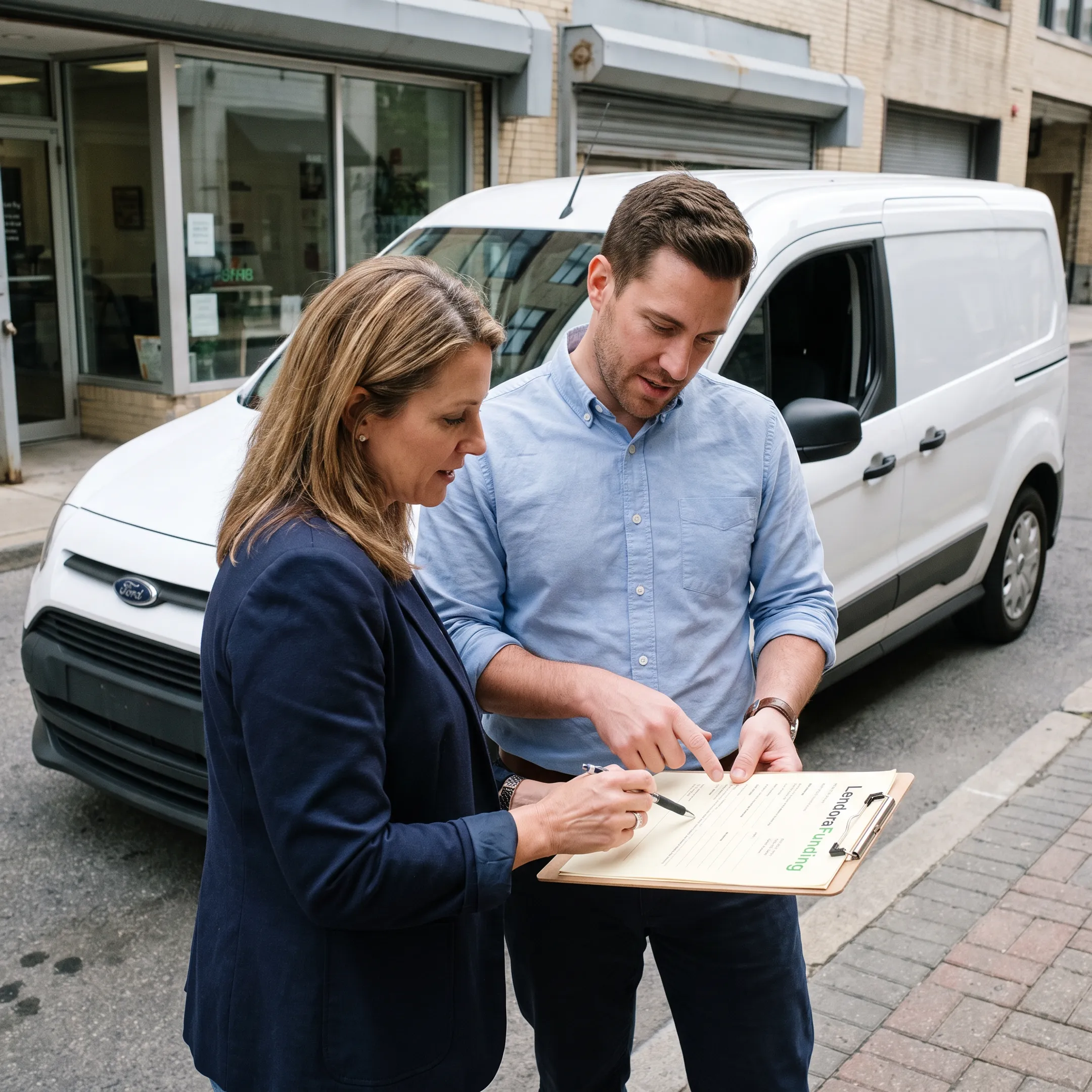 Cargo van parked outside a small business