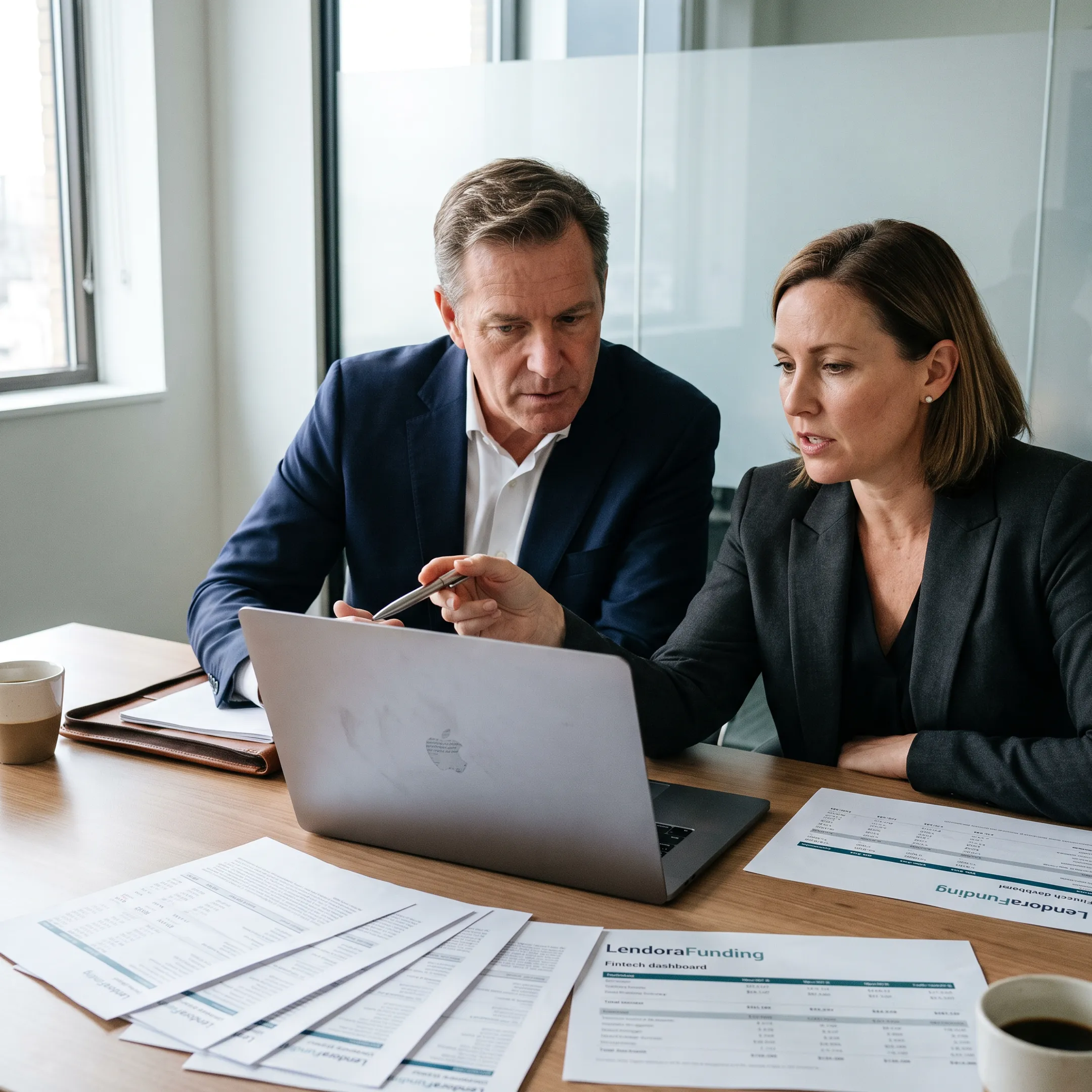 Business professionals discussing a financing referral partnership
