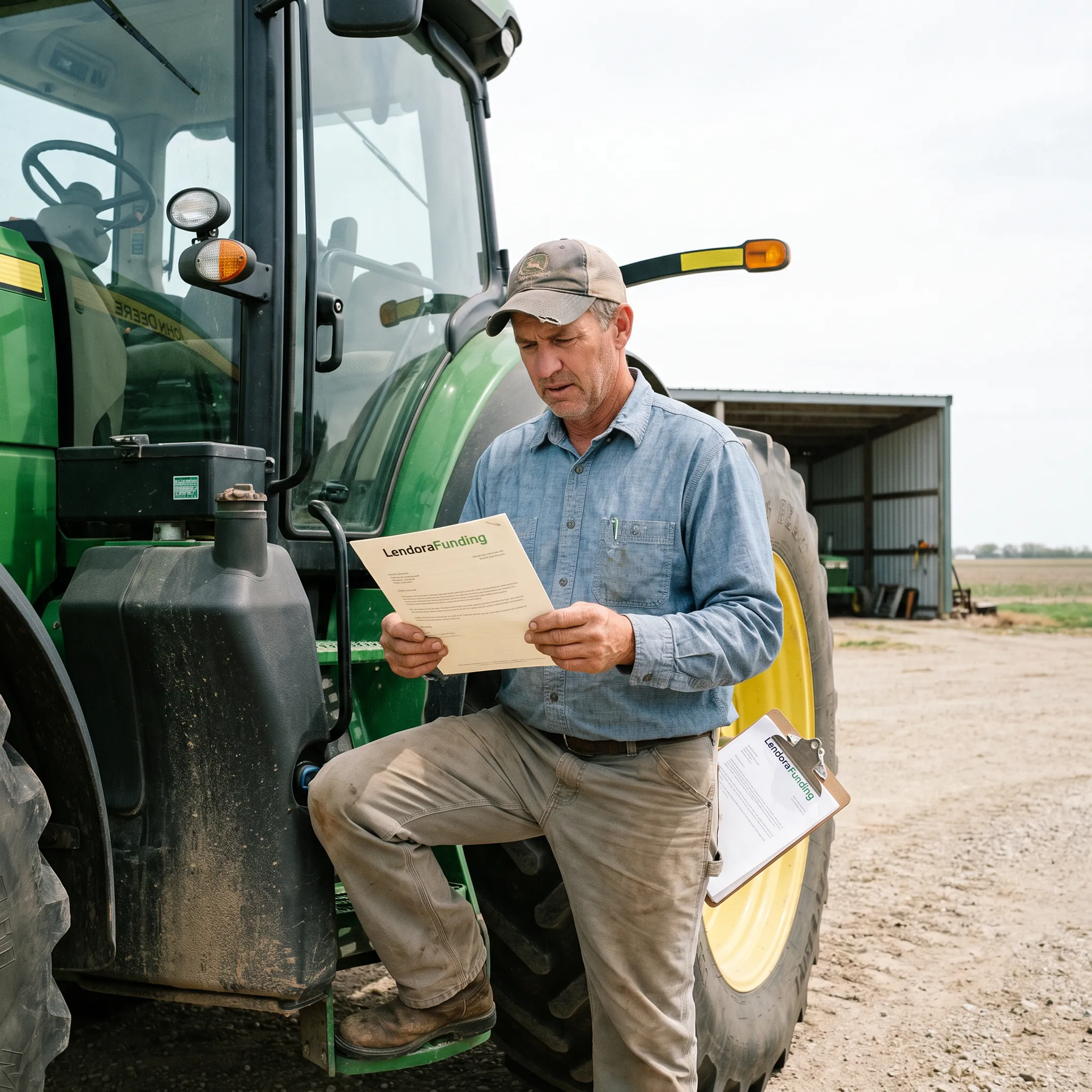 Farmer reviewing financing options beside farm machinery