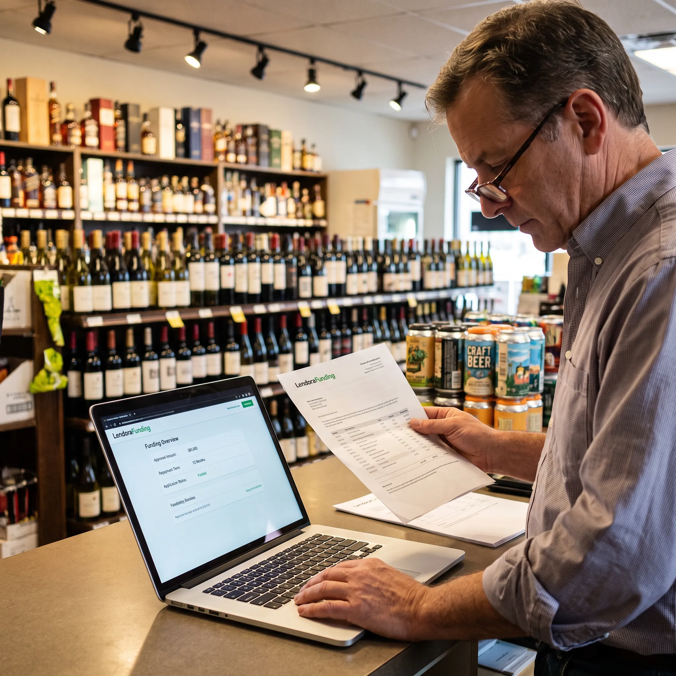 Liquor store owner reviewing financing options