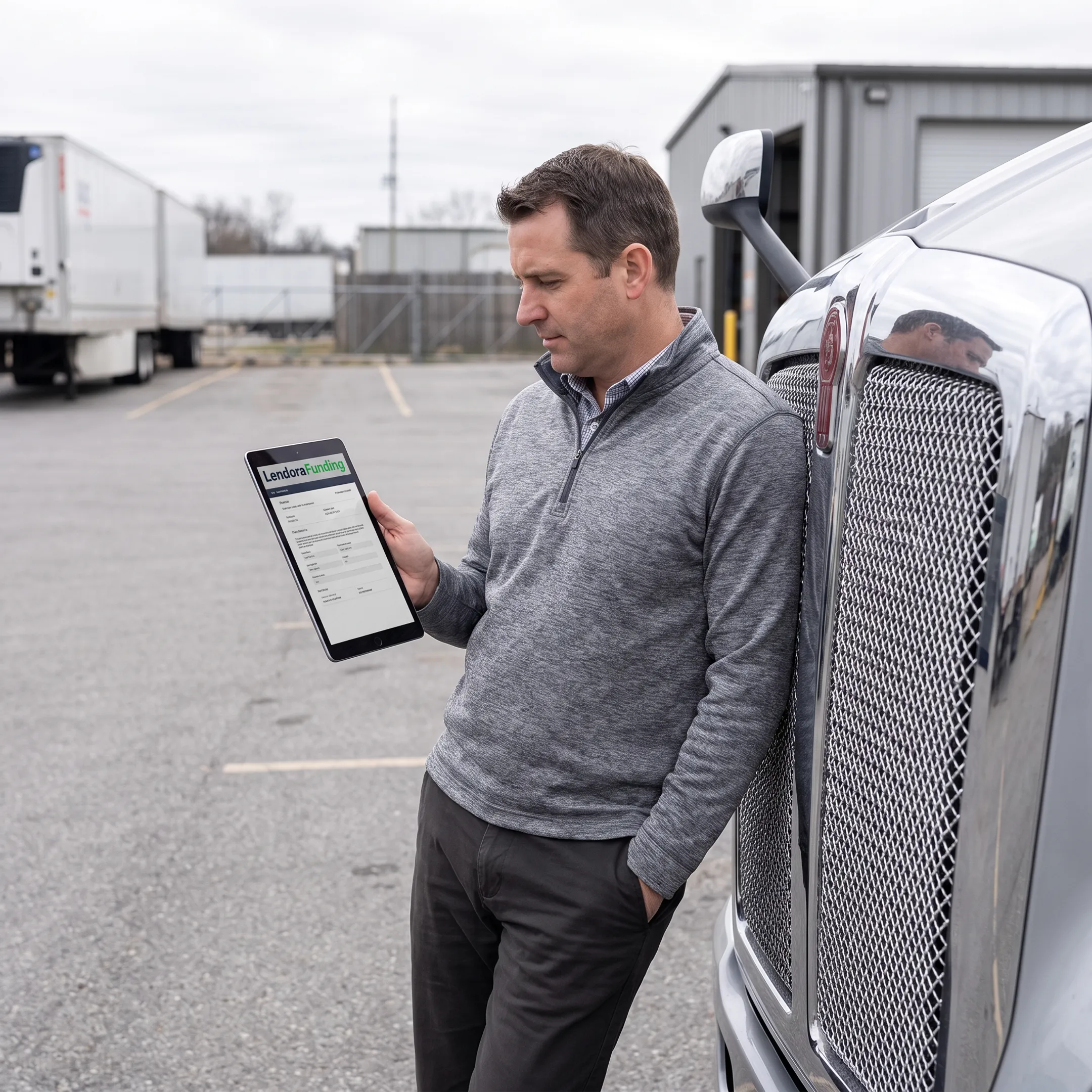 Owner-operator reviewing financing options beside a semi truck