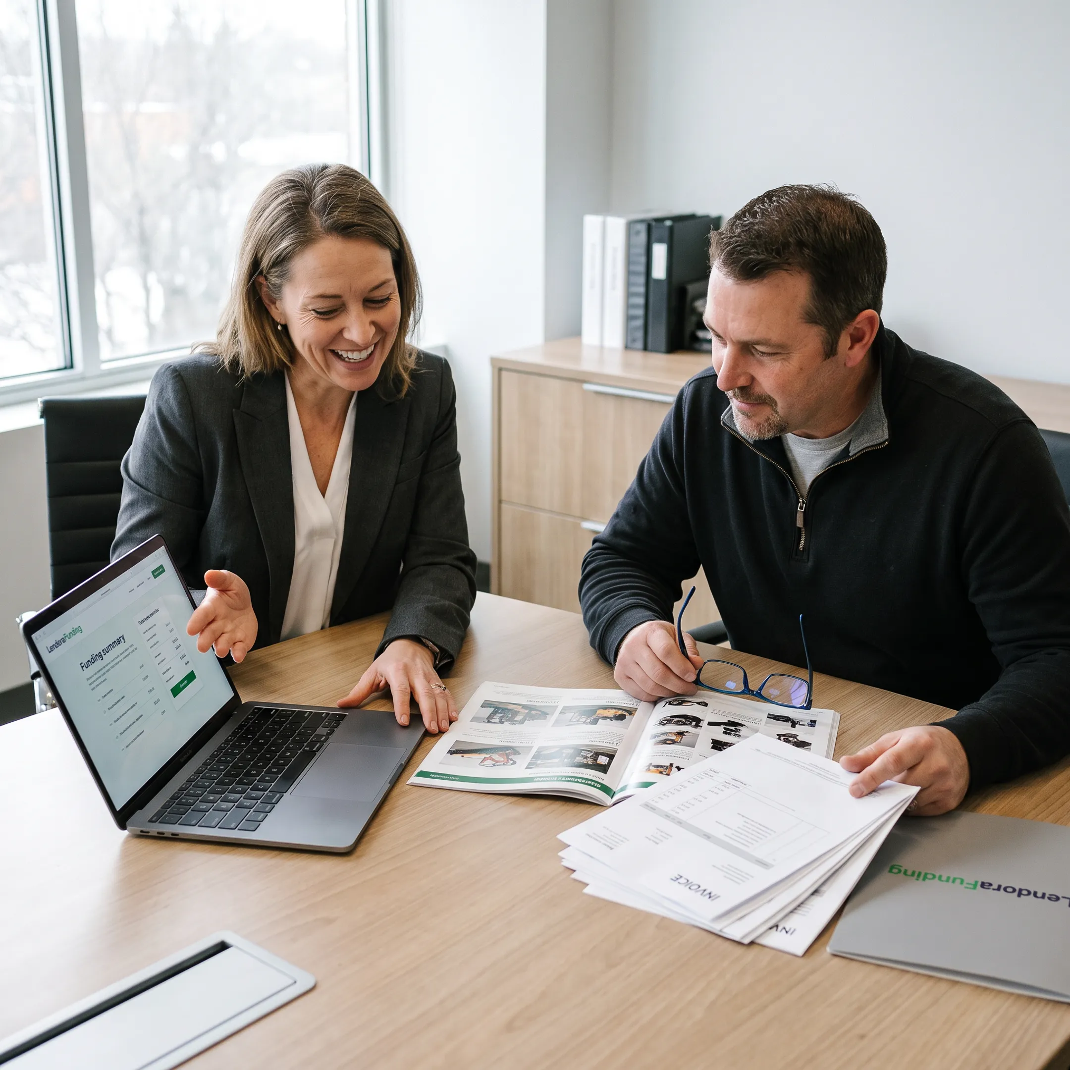 Funding specialist discussing business equipment purchase