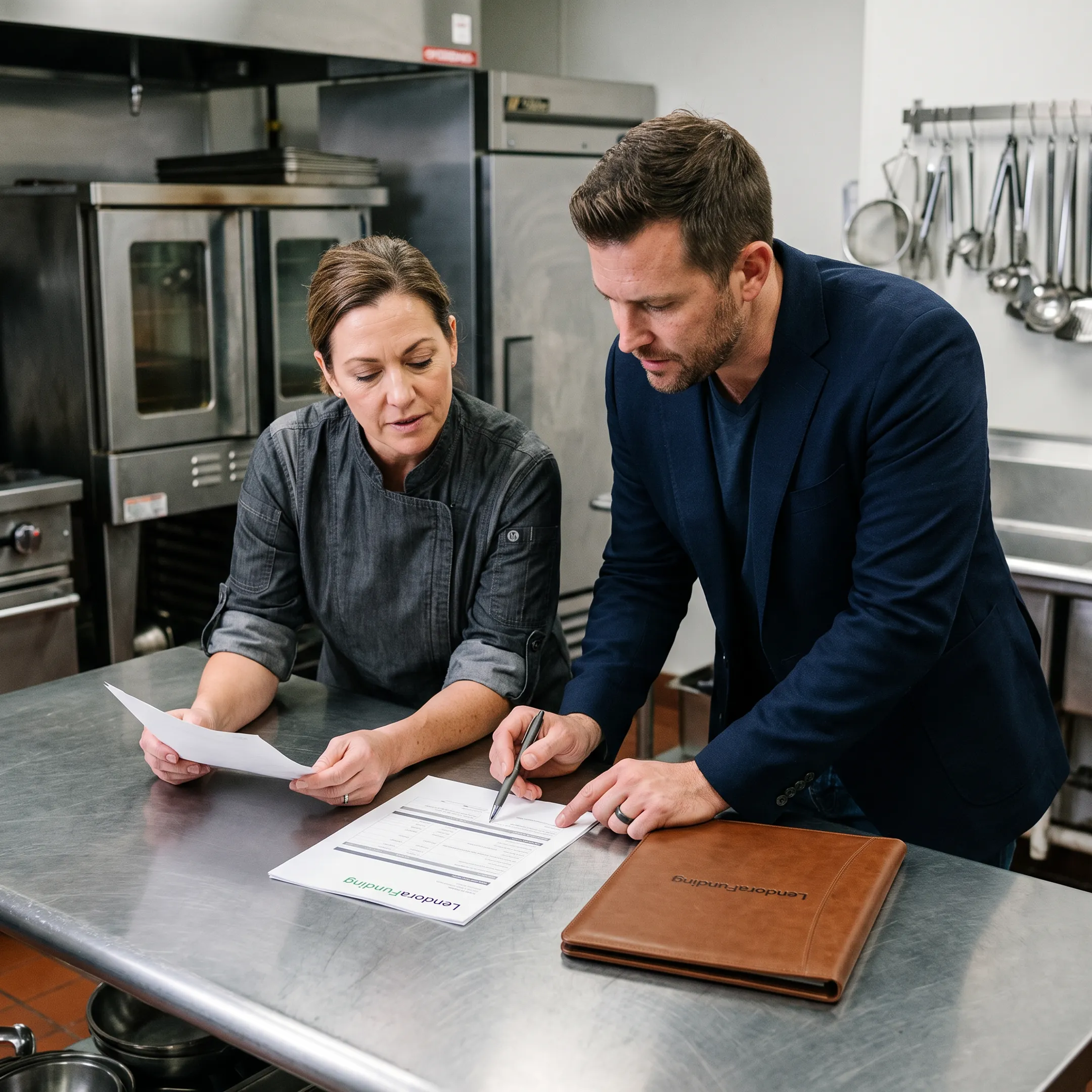Restaurant owner reviewing commercial kitchen equipment financing