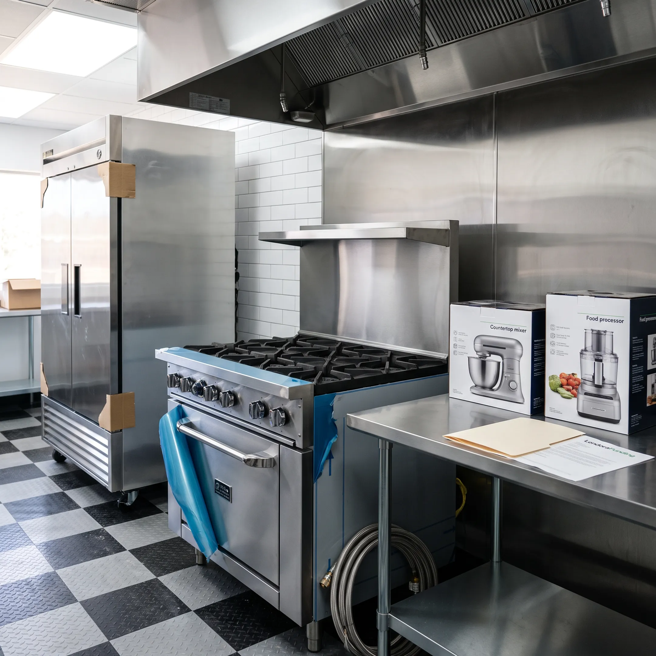 Commercial kitchen equipment ready for restaurant installation