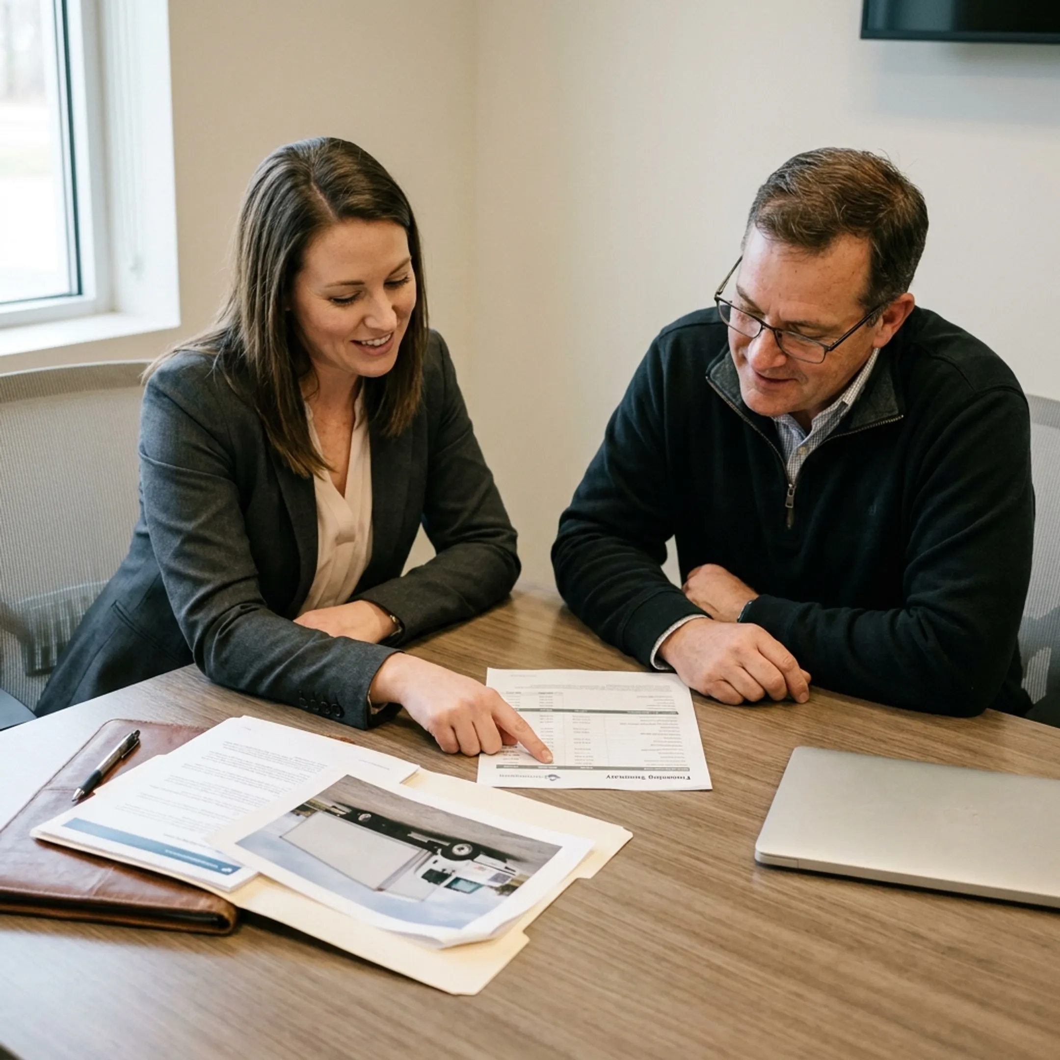Funding specialist discussing box truck financing with a business owner