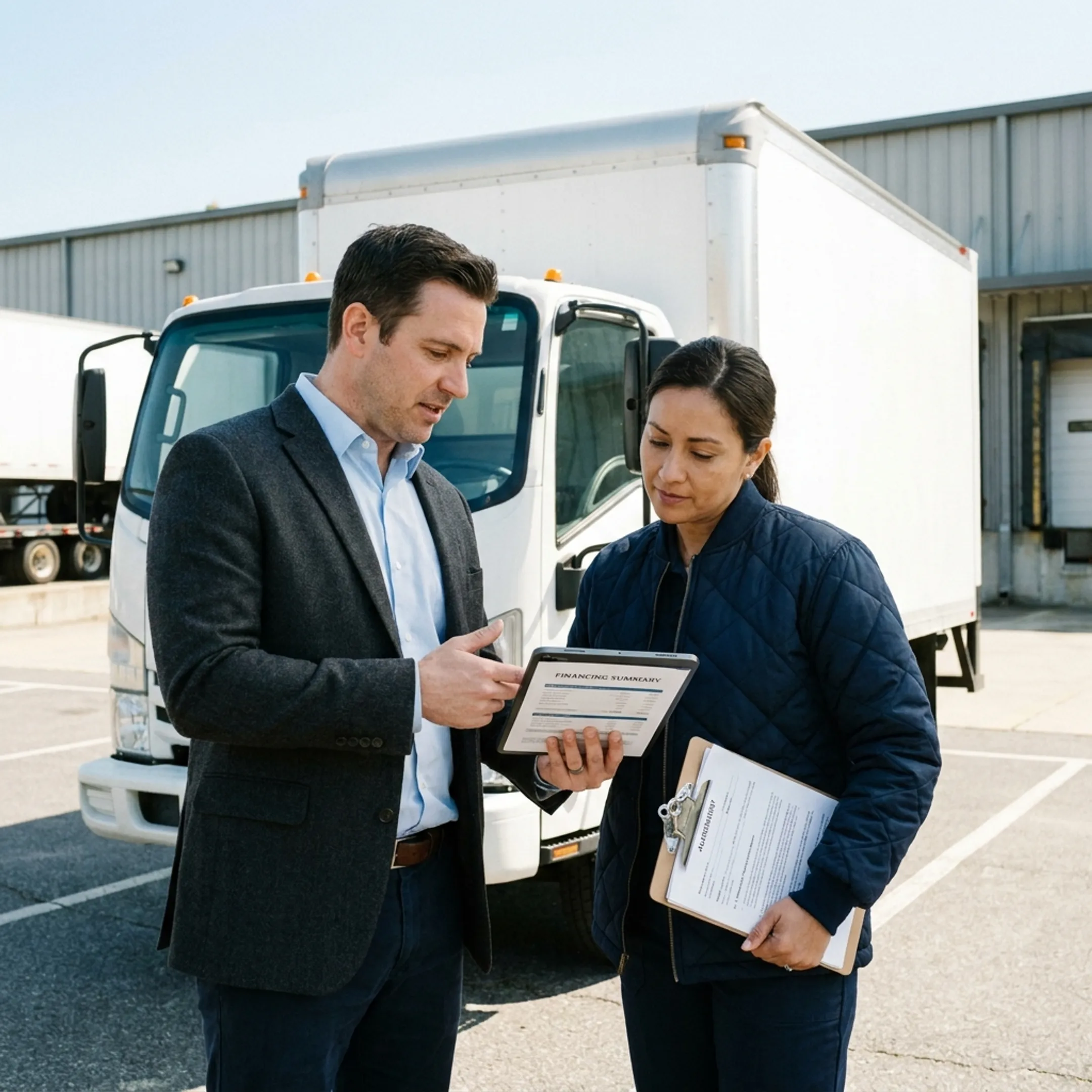 Business owner reviewing box truck financing options with a funding specialist