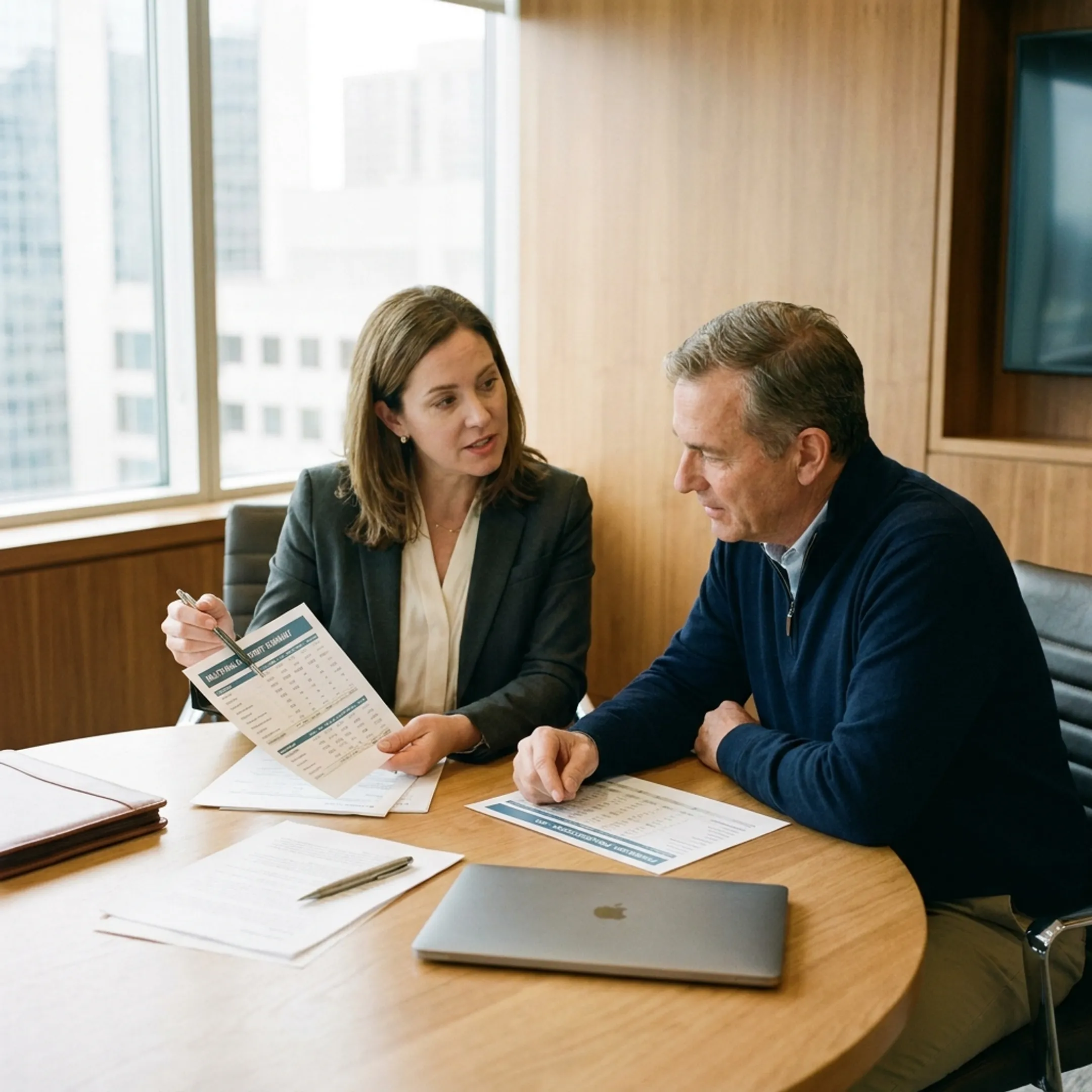 Funding specialist discussing multifamily real estate financing with investor