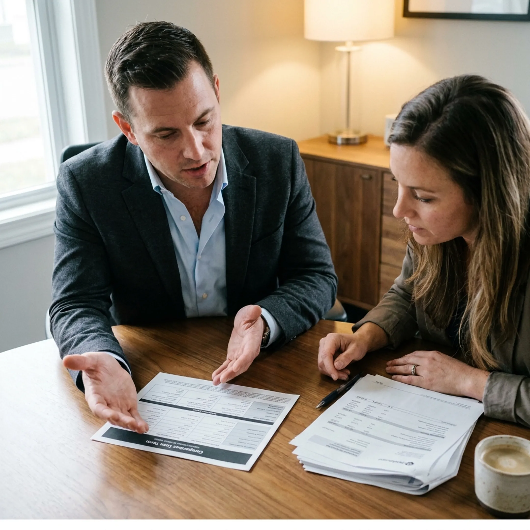 Funding specialist explaining emergency bridge loan options to a business owner