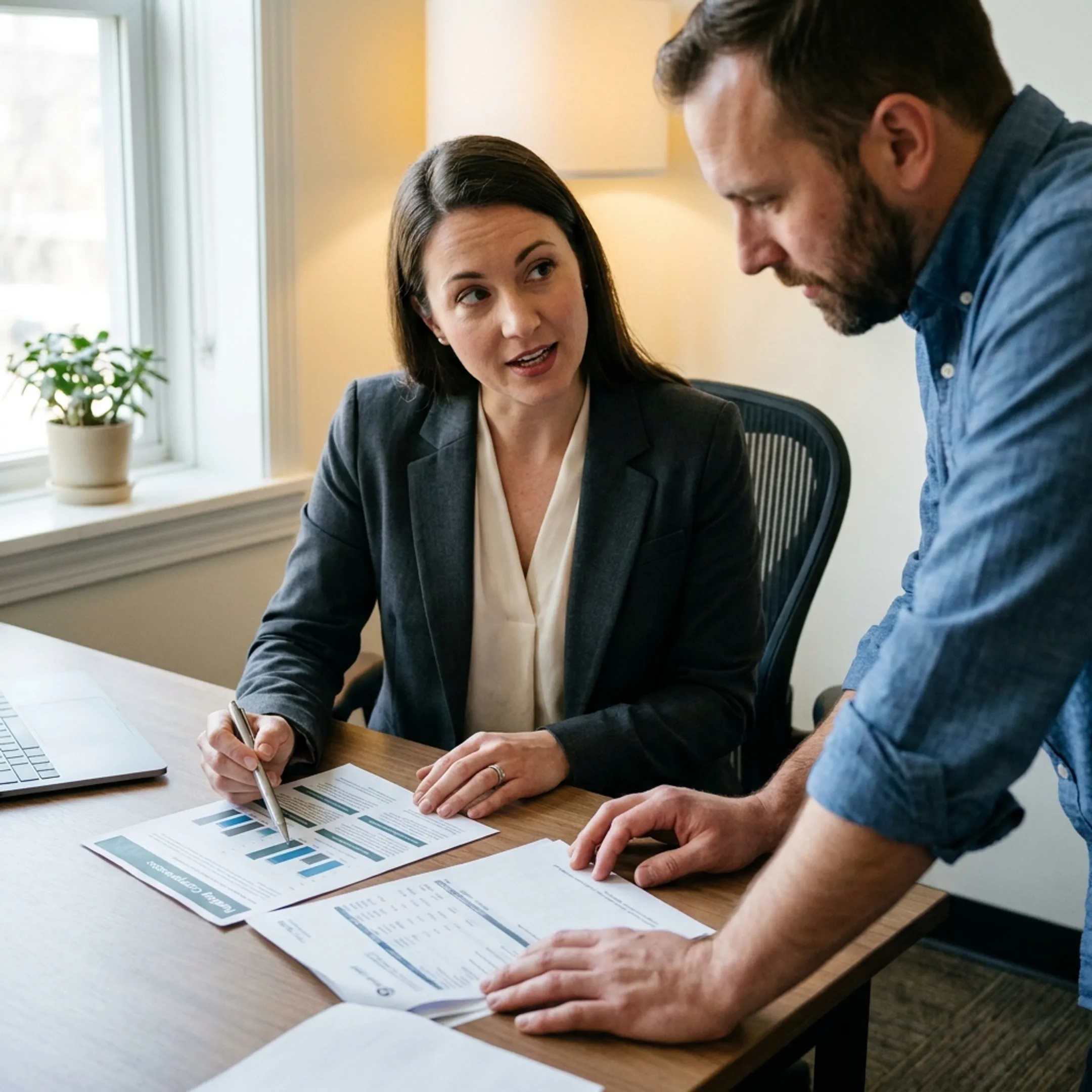 Funding specialist explaining business loan options to an entrepreneur