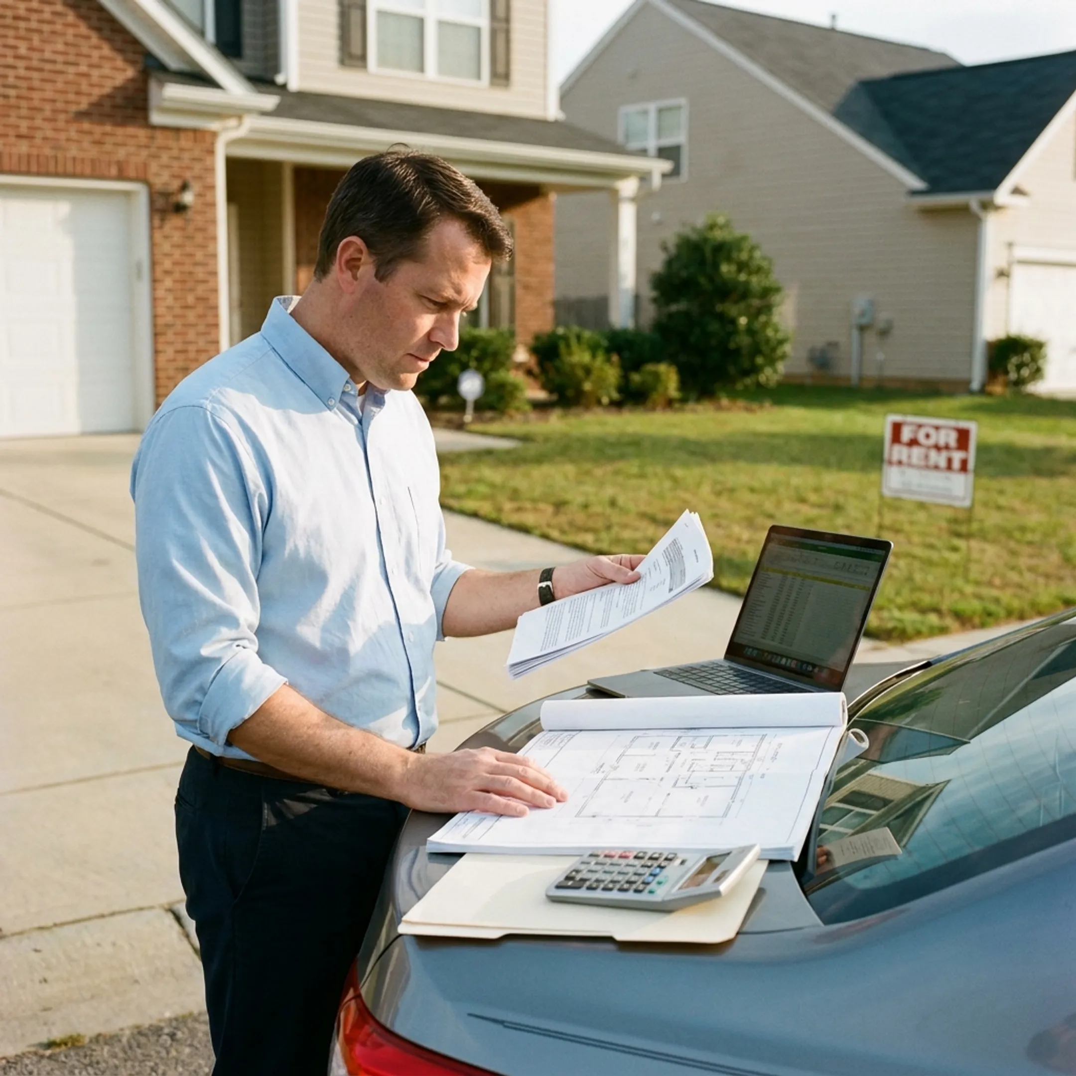 Real estate investor reviewing rental property financing documents in North Carolina