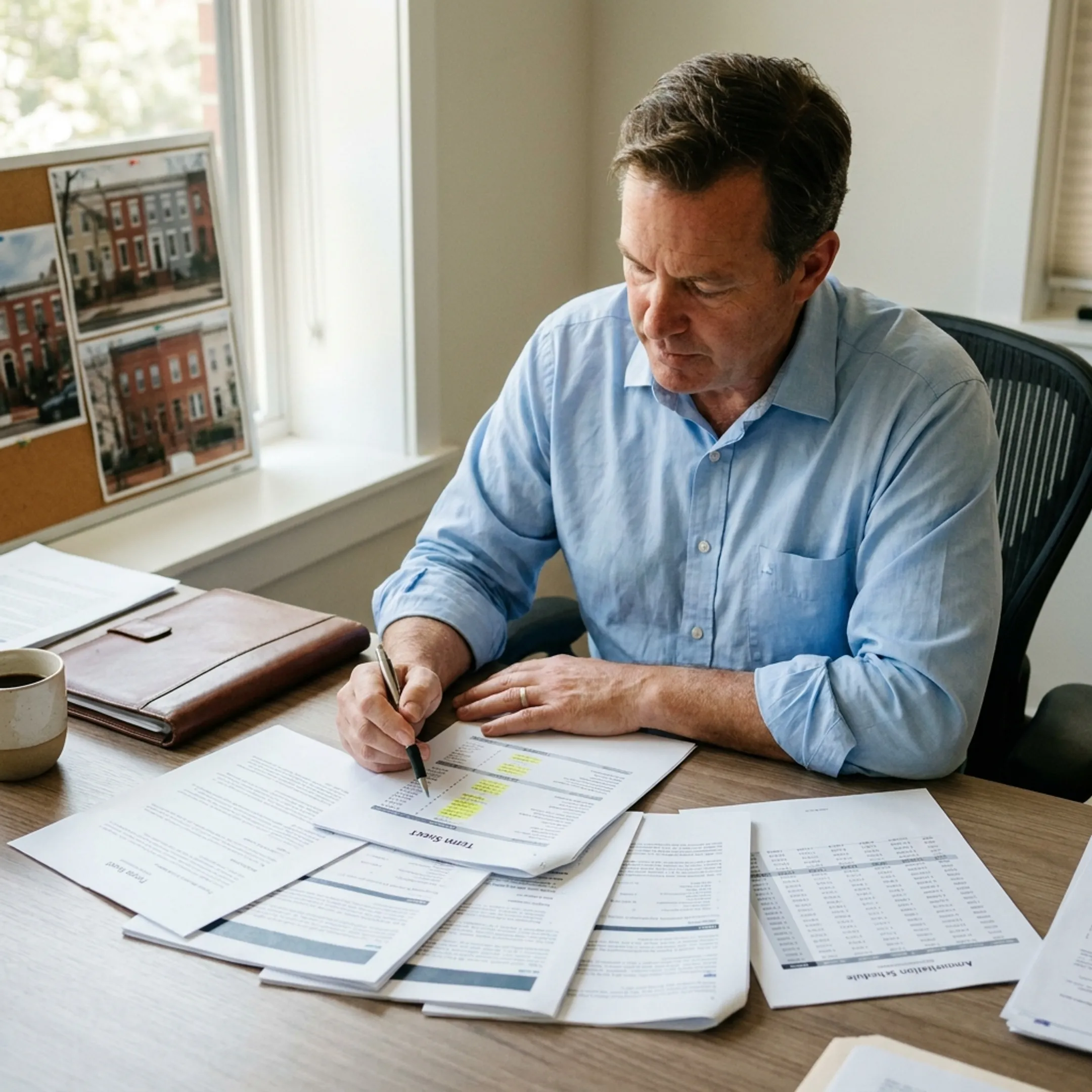 Real estate investor reviewing property financing documents in Washington, DC