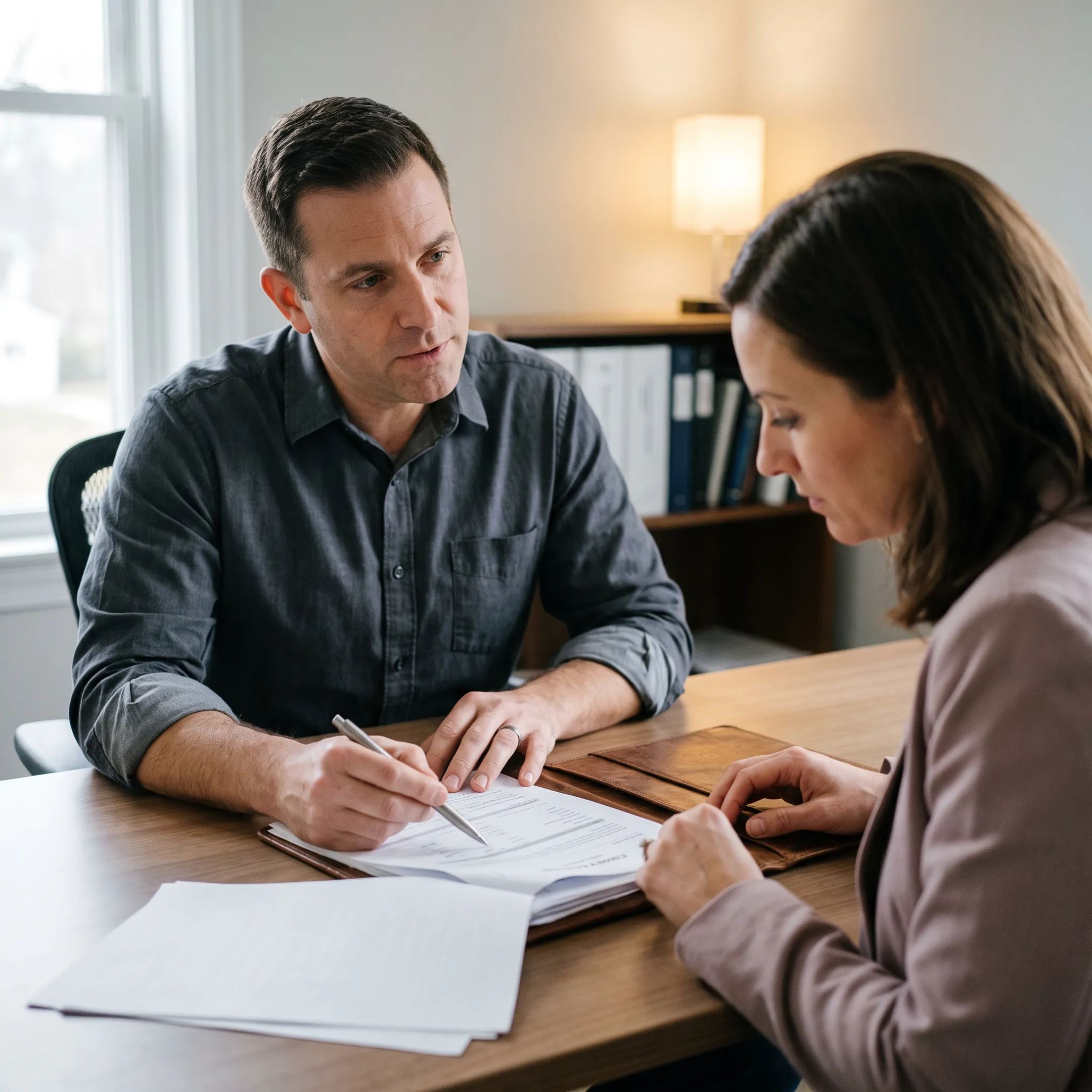 Business owner reviewing SBA loan documents with funding advisor