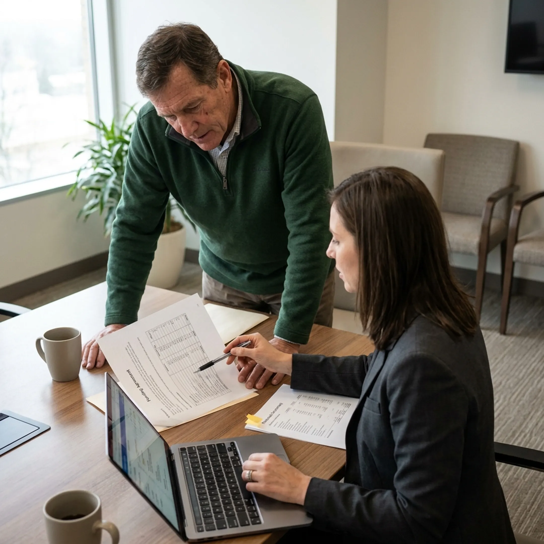 Landscaping business owner reviewing financing options with a funding specialist