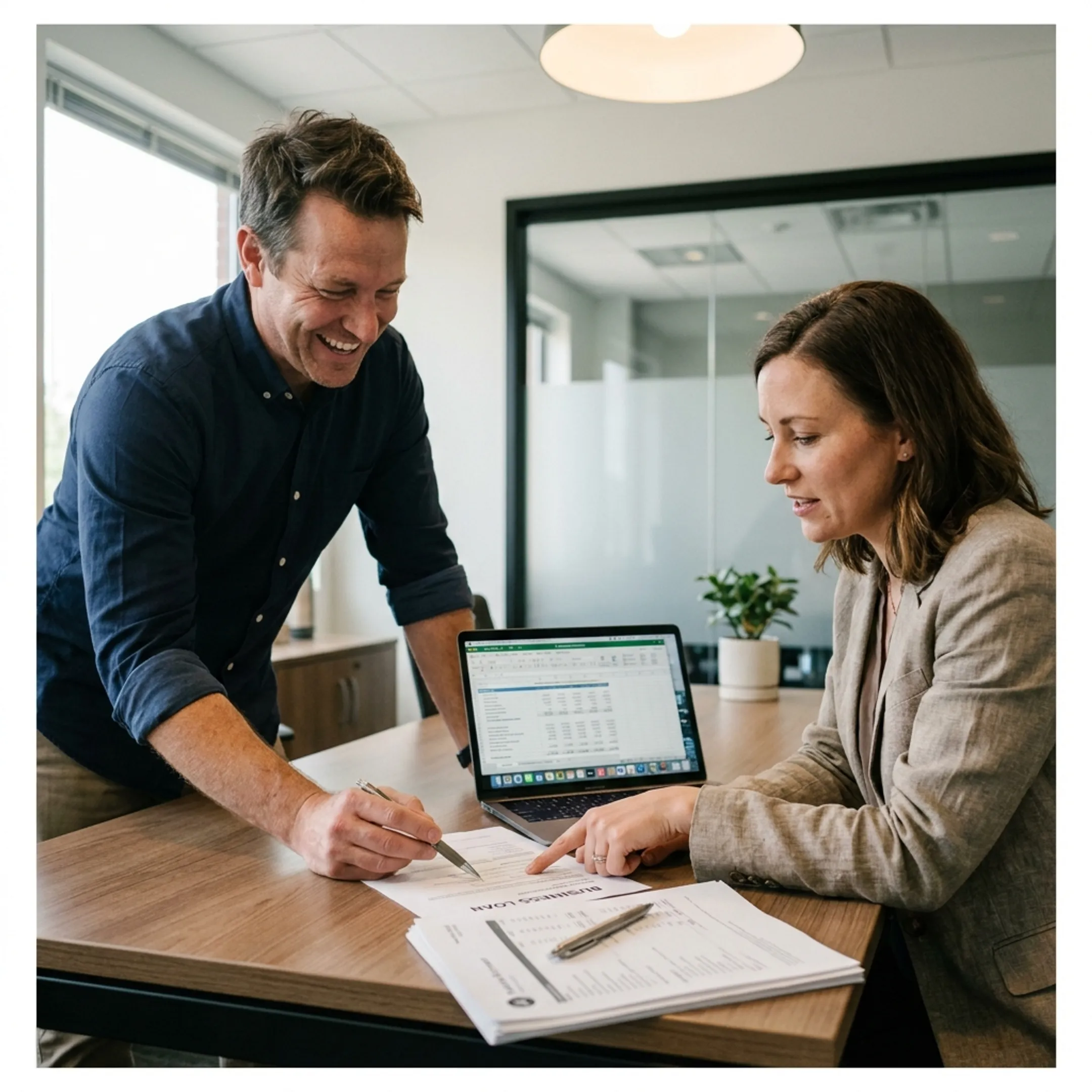 Business owner reviewing long-term loan options with a funding specialist