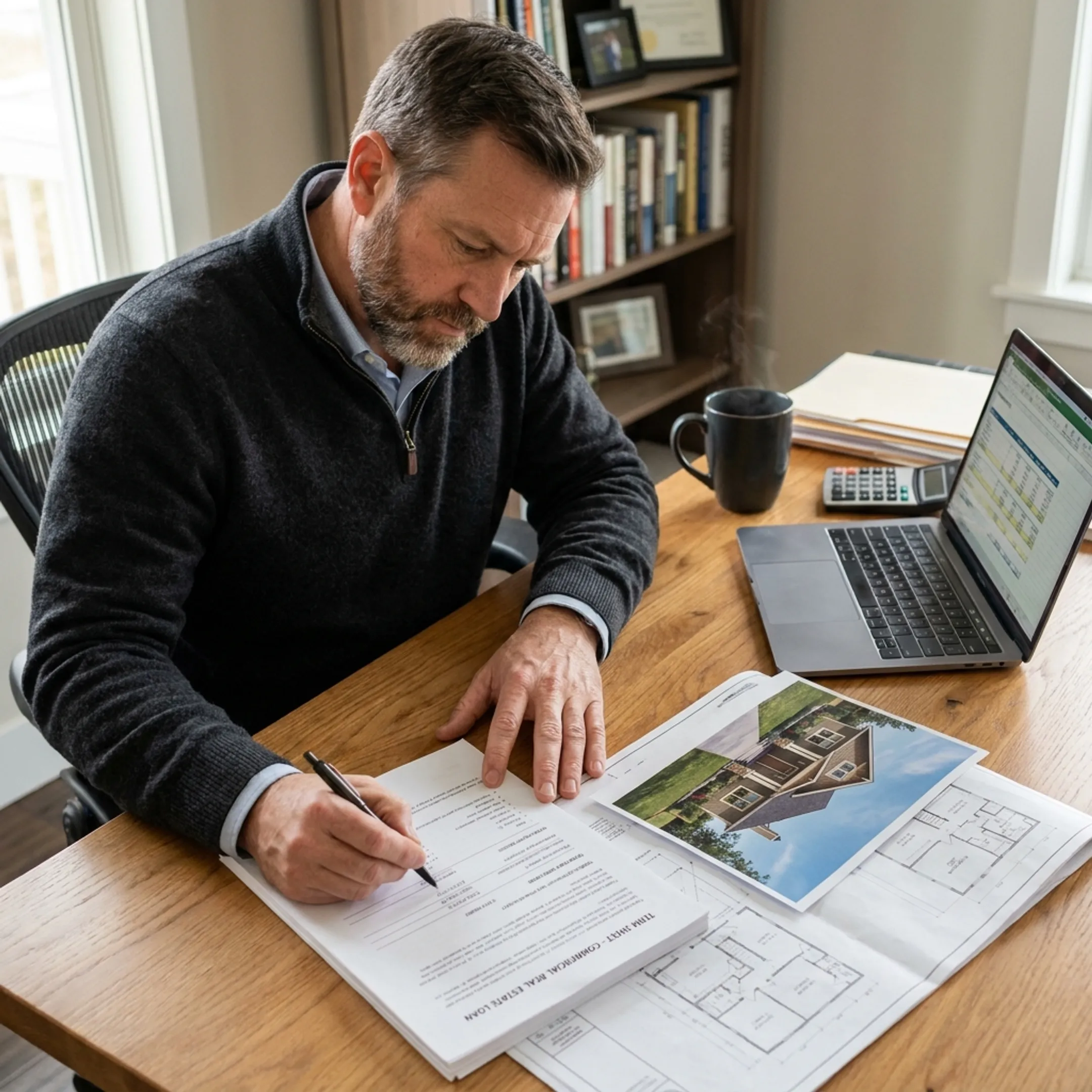 Real estate investor reviewing property financing documents in North Carolina